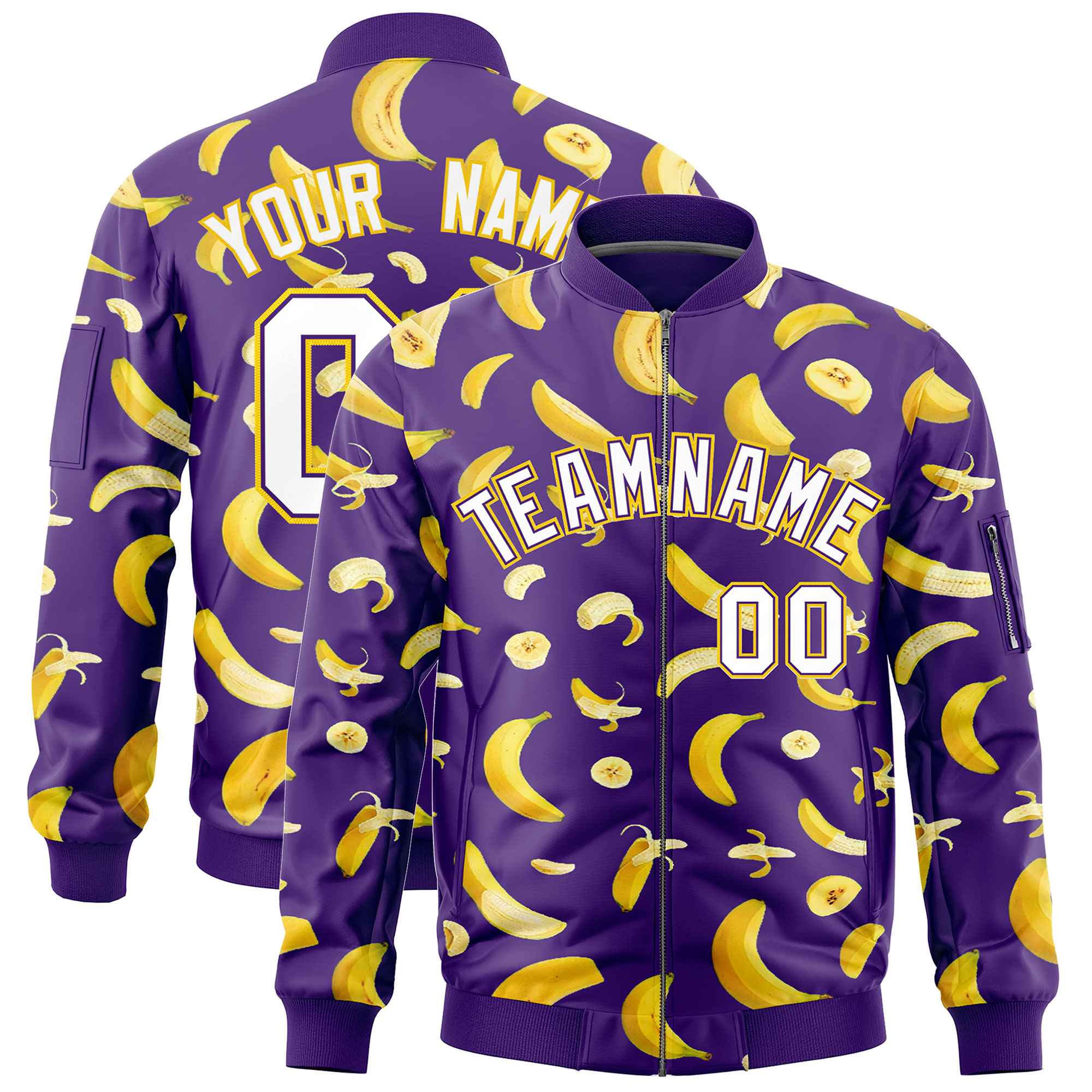 Custom Purple Varsity Full-Zip Banana Pattern Letterman Bomber Jacket | Graffiti Pattern | Embroidery&Dye-sublimation printing | KXKSHOP