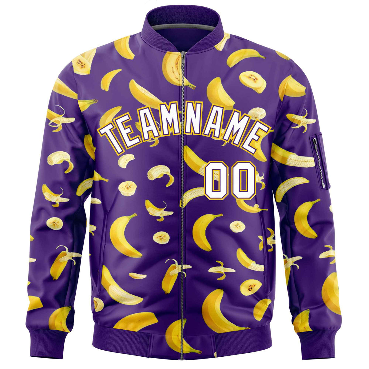 Custom Purple Varsity Full-Zip Banana Pattern Letterman Bomber Jacket | Graffiti Pattern | Embroidery&amp;Dye-sublimation printing | KXKSHOP
