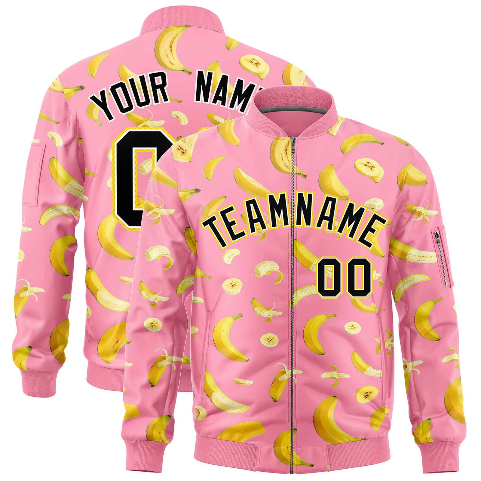 Custom Light Pink Varsity Full-Zip Banana Pattern Letterman Bomber Jacket | Graffiti Pattern | Embroidery&Dye-sublimation printing | KXKSHOP