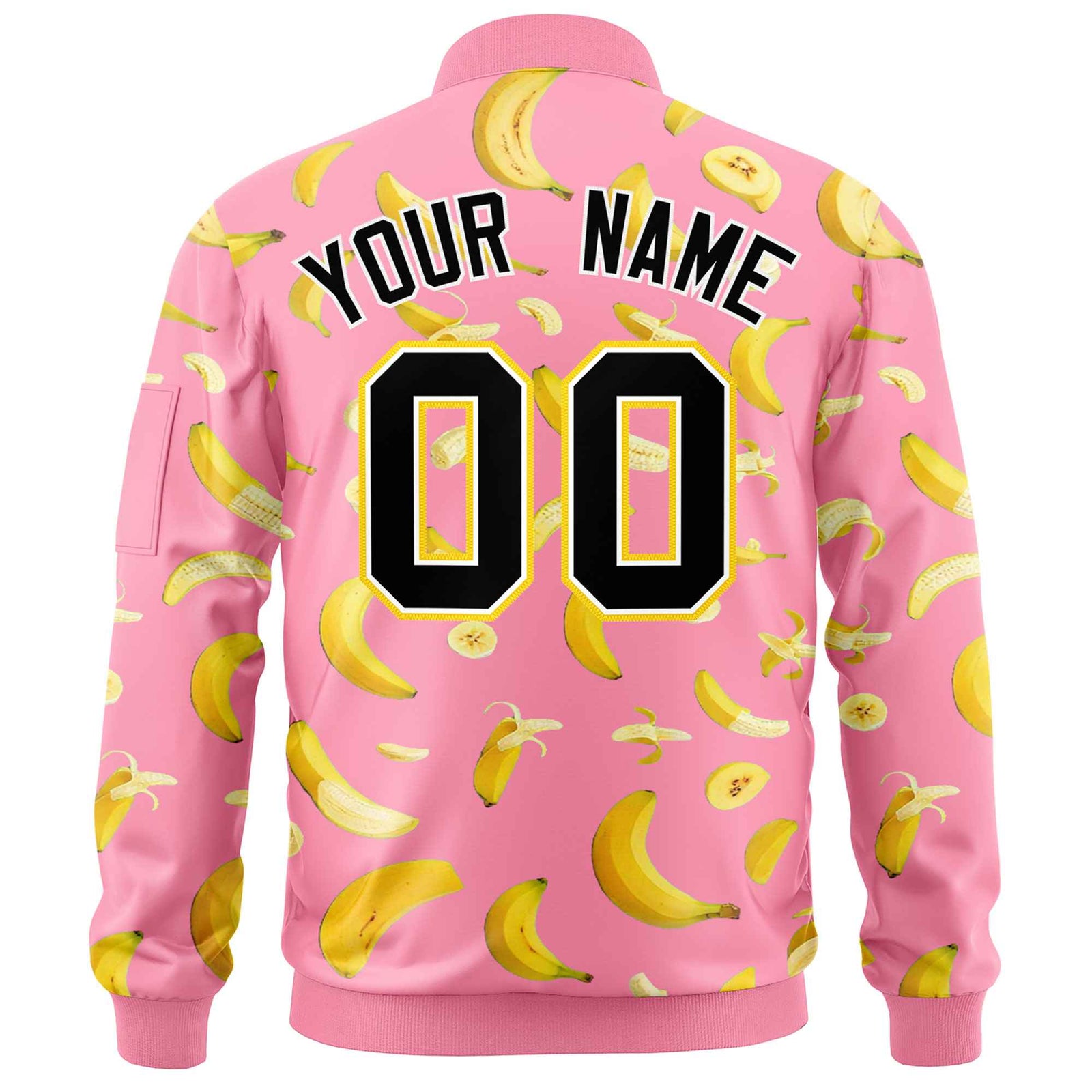 Custom Light Pink Varsity Full-Zip Banana Pattern Letterman Bomber Jacket | Graffiti Pattern | Embroidery&Dye-sublimation printing | KXKSHOP