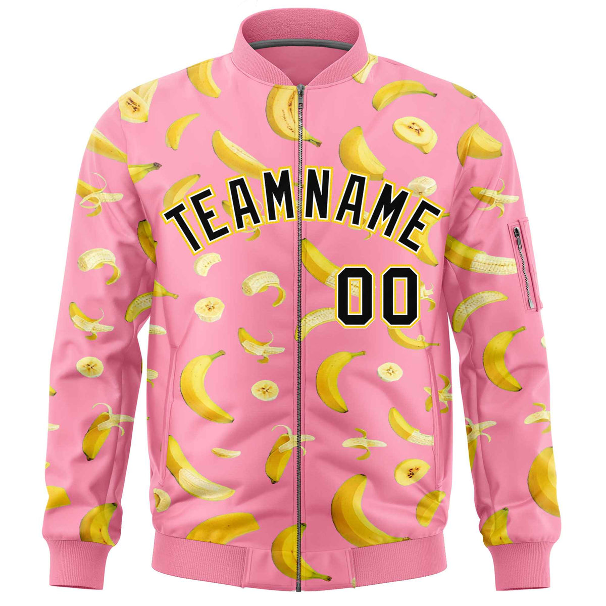 Custom Light Pink Varsity Full-Zip Banana Pattern Letterman Bomber Jacket | Graffiti Pattern | Embroidery&amp;Dye-sublimation printing | KXKSHOP
