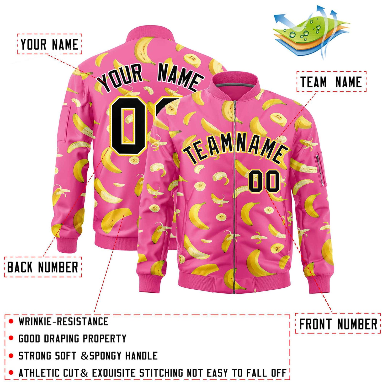 Custom Pink Varsity Full-Zip Banana Pattern Letterman Bomber Jacket | Graffiti Pattern | Embroidery&Dye-sublimation printing | KXKSHOP
