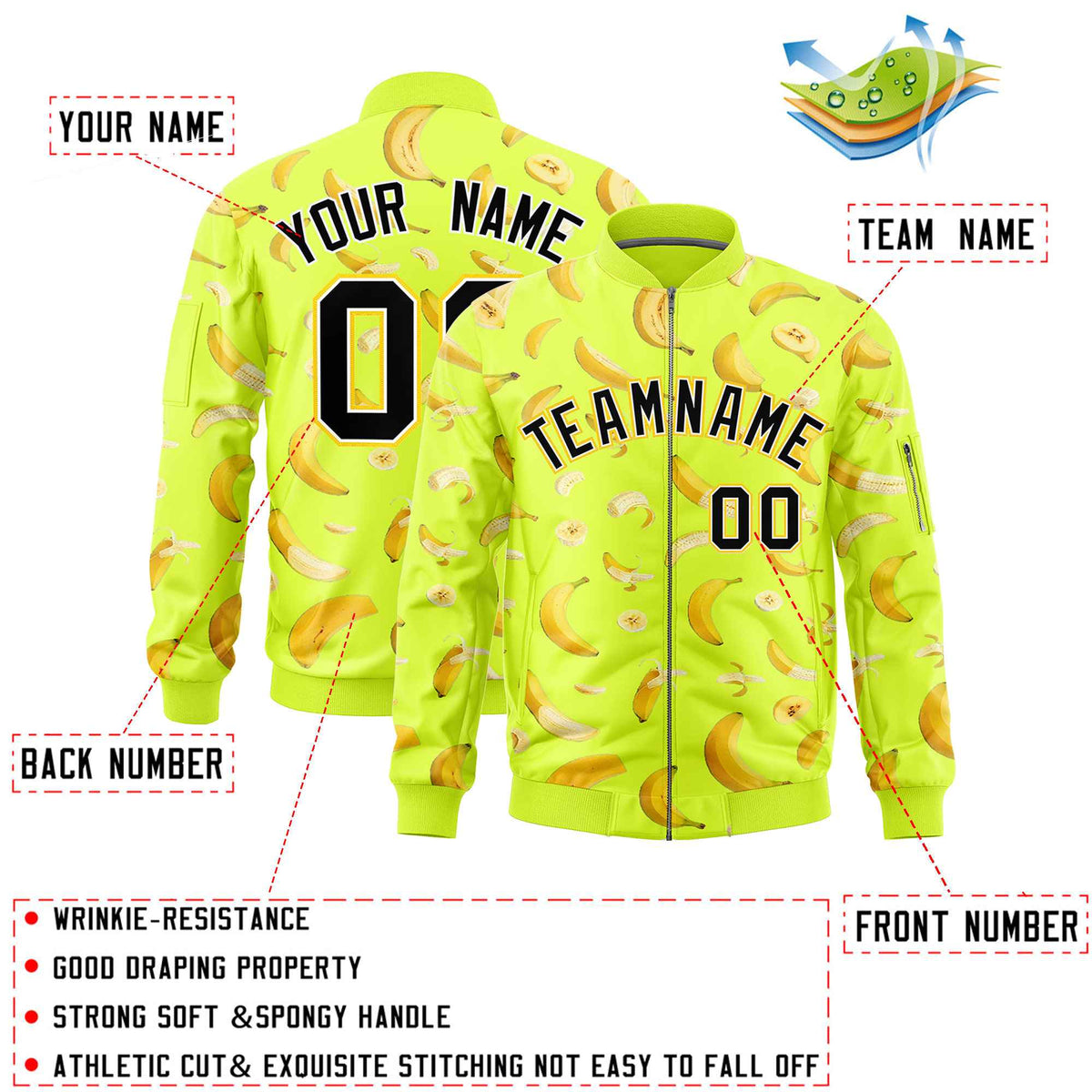 Custom Fluorescent Green Varsity Full-Zip Banana Pattern Letterman Bomber Jacket | Graffiti Pattern | Embroidery&amp;Dye-sublimation printing | KXKSHOP
