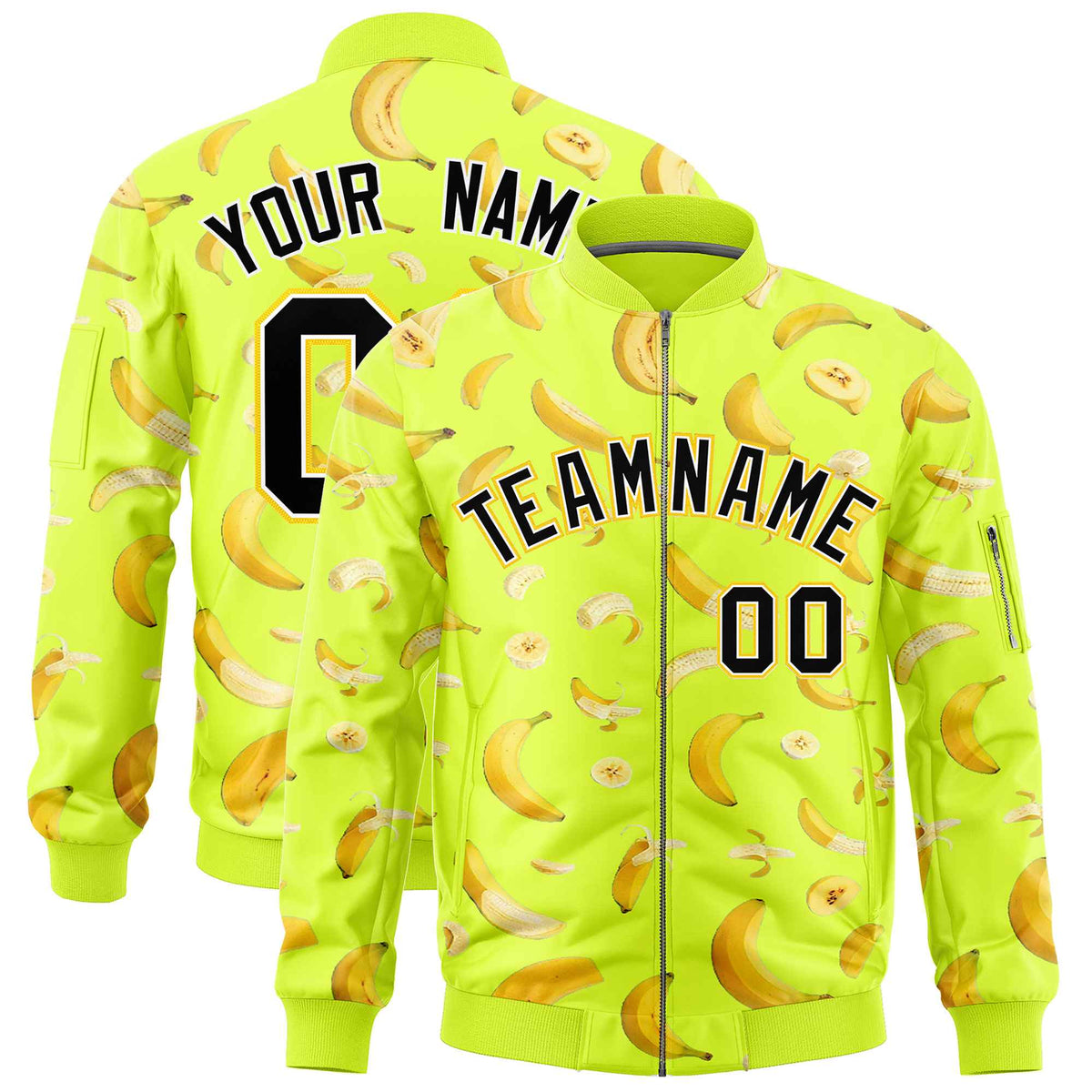 Custom Fluorescent Green Varsity Full-Zip Banana Pattern Letterman Bomber Jacket | Graffiti Pattern | Embroidery&amp;Dye-sublimation printing | KXKSHOP