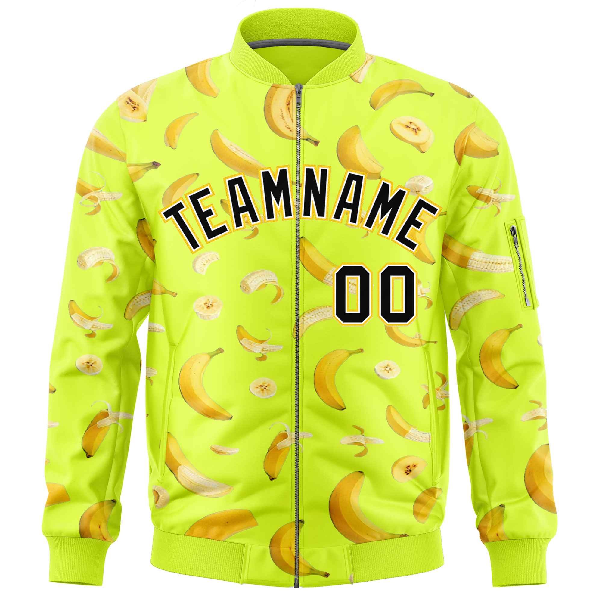 Custom Fluorescent Green Varsity Full-Zip Banana Pattern Letterman Bomber Jacket | Graffiti Pattern | Embroidery&Dye-sublimation printing | KXKSHOP