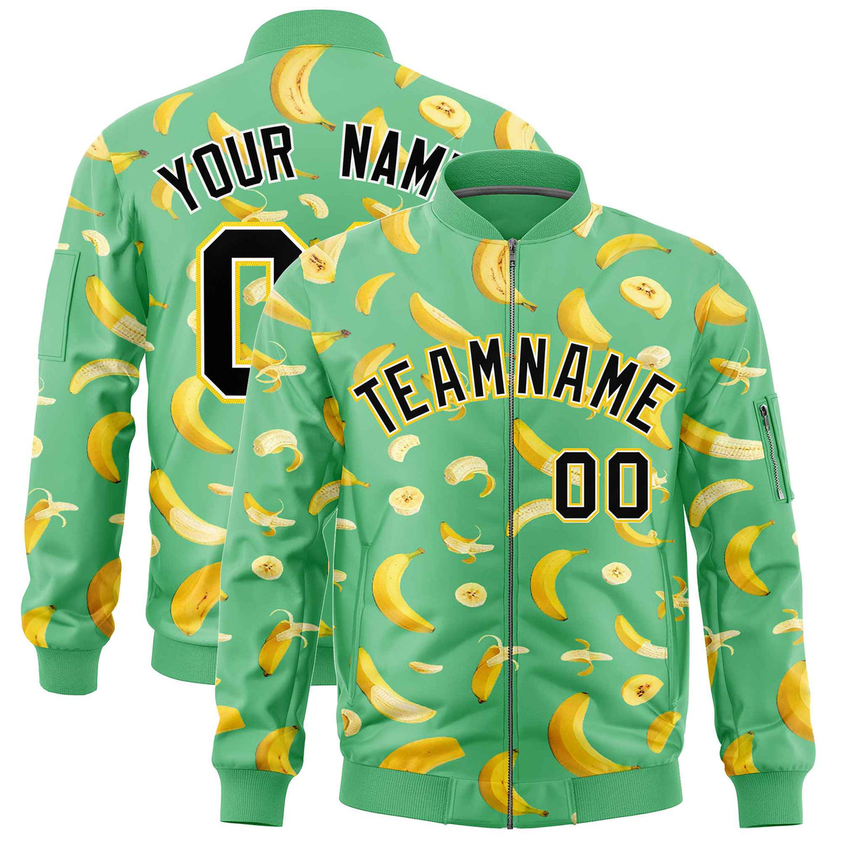 Custom Neon Green Varsity Full-Zip Banana Pattern Letterman Bomber Jacket | Graffiti Pattern | Embroidery&amp;Dye-sublimation printing | KXKSHOP