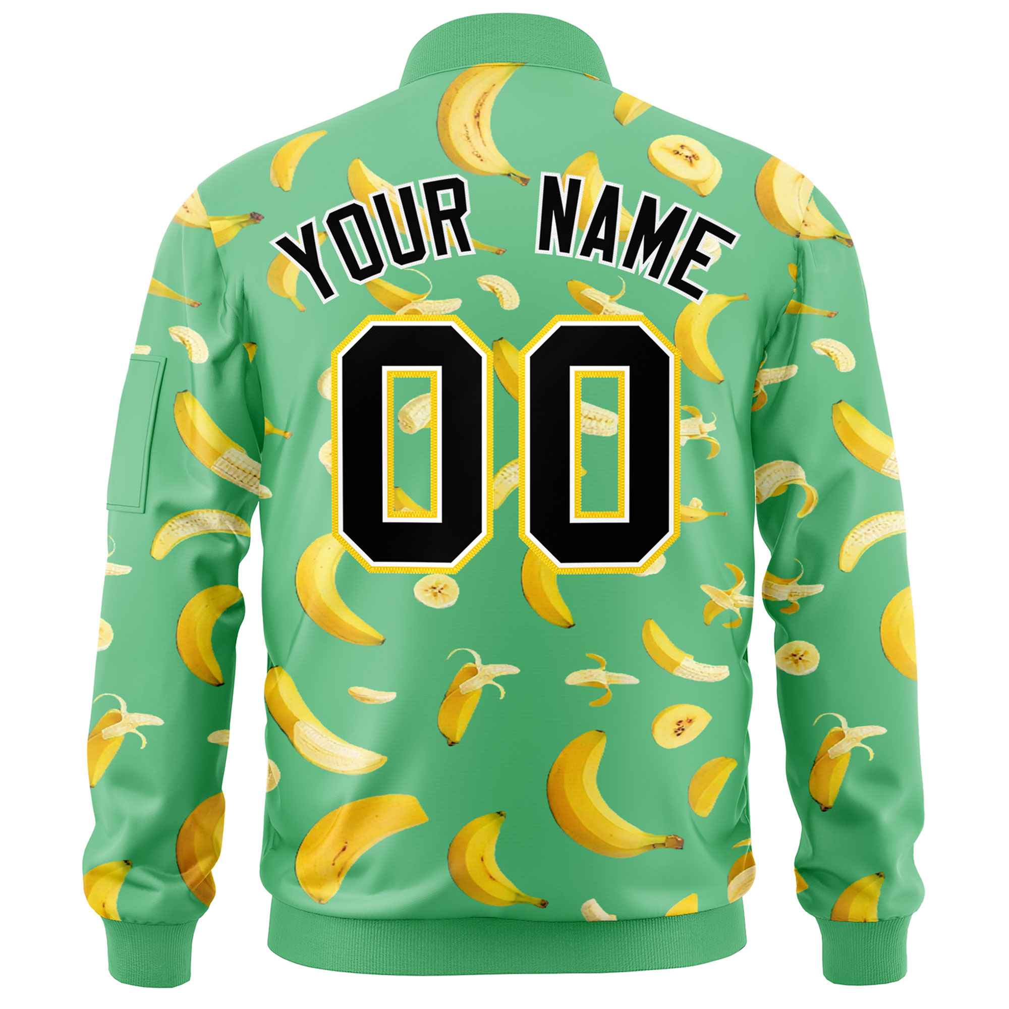 Custom Neon Green Varsity Full-Zip Banana Pattern Letterman Bomber Jacket | Graffiti Pattern | Embroidery&Dye-sublimation printing | KXKSHOP