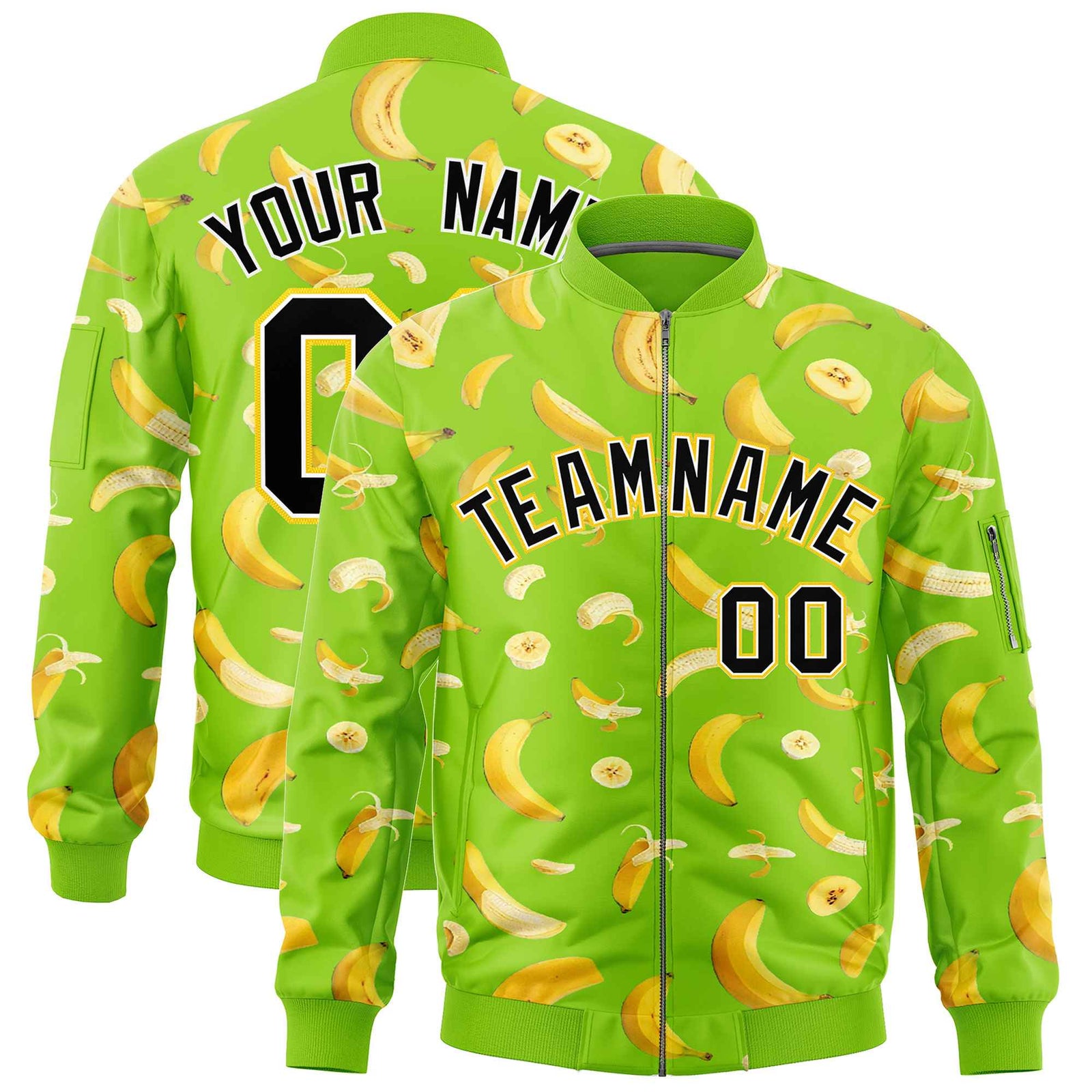 Custom Neon Green Varsity Full-Zip Banana Pattern Letterman Bomber Jacket | Graffiti Pattern | Embroidery&Dye-sublimation printing | KXKSHOP
