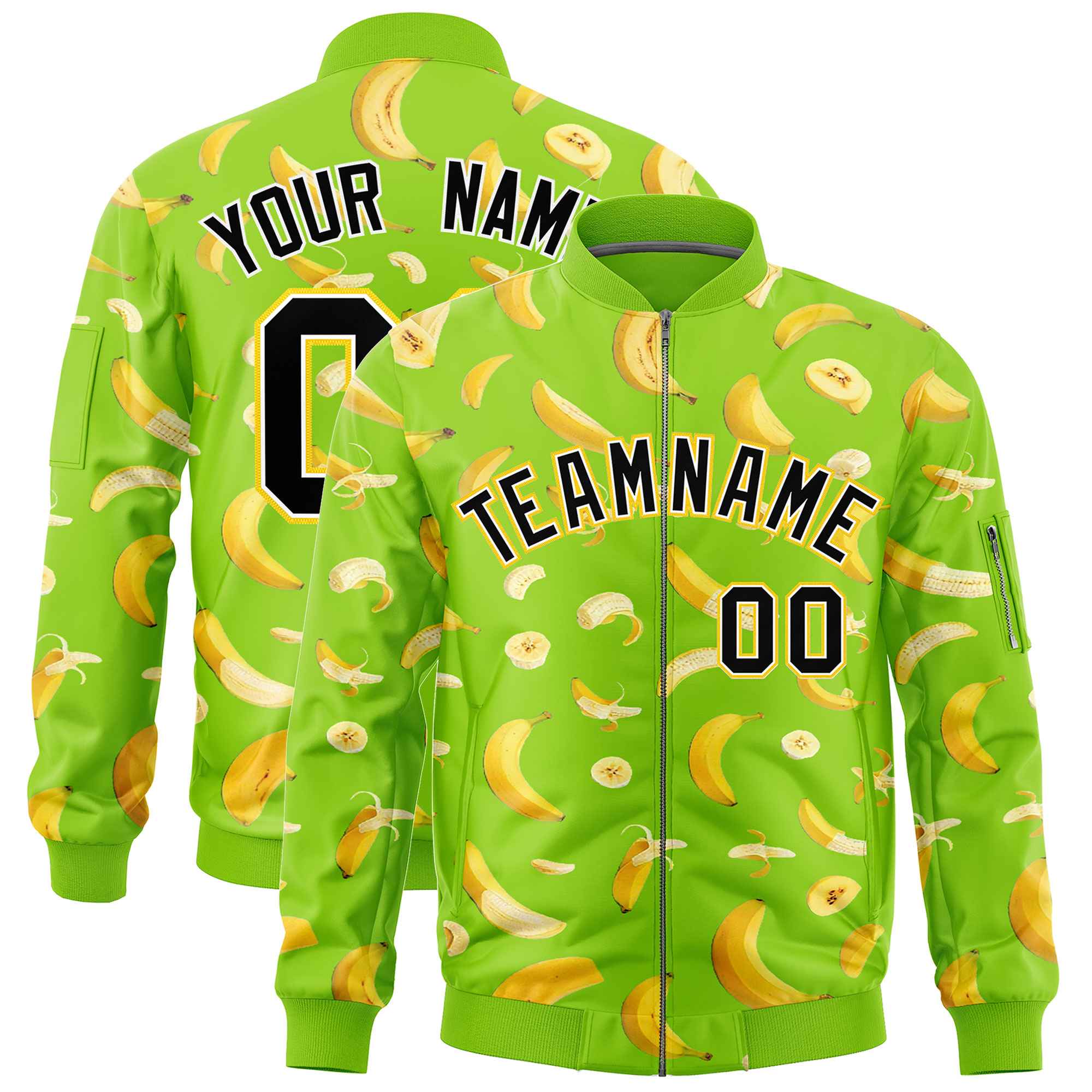 Custom Neon Green Varsity Full-Zip Banana Pattern Letterman Bomber Jacket | Graffiti Pattern | Embroidery&Dye-sublimation printing | KXKSHOP