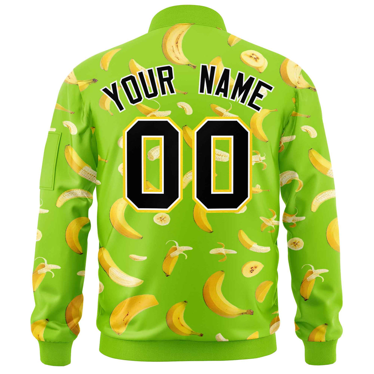 Custom Neon Green Varsity Full-Zip Banana Pattern Letterman Bomber Jacket | Graffiti Pattern | Embroidery&amp;Dye-sublimation printing | KXKSHOP