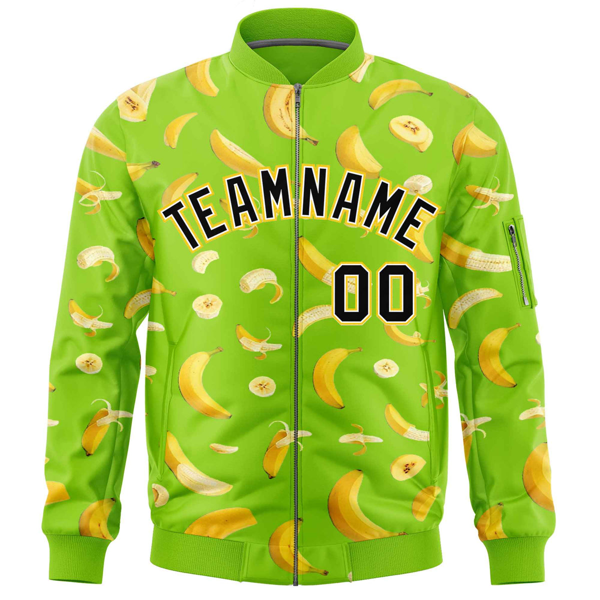 Custom Neon Green Varsity Full-Zip Banana Pattern Letterman Bomber Jacket | Graffiti Pattern | Embroidery&amp;Dye-sublimation printing | KXKSHOP