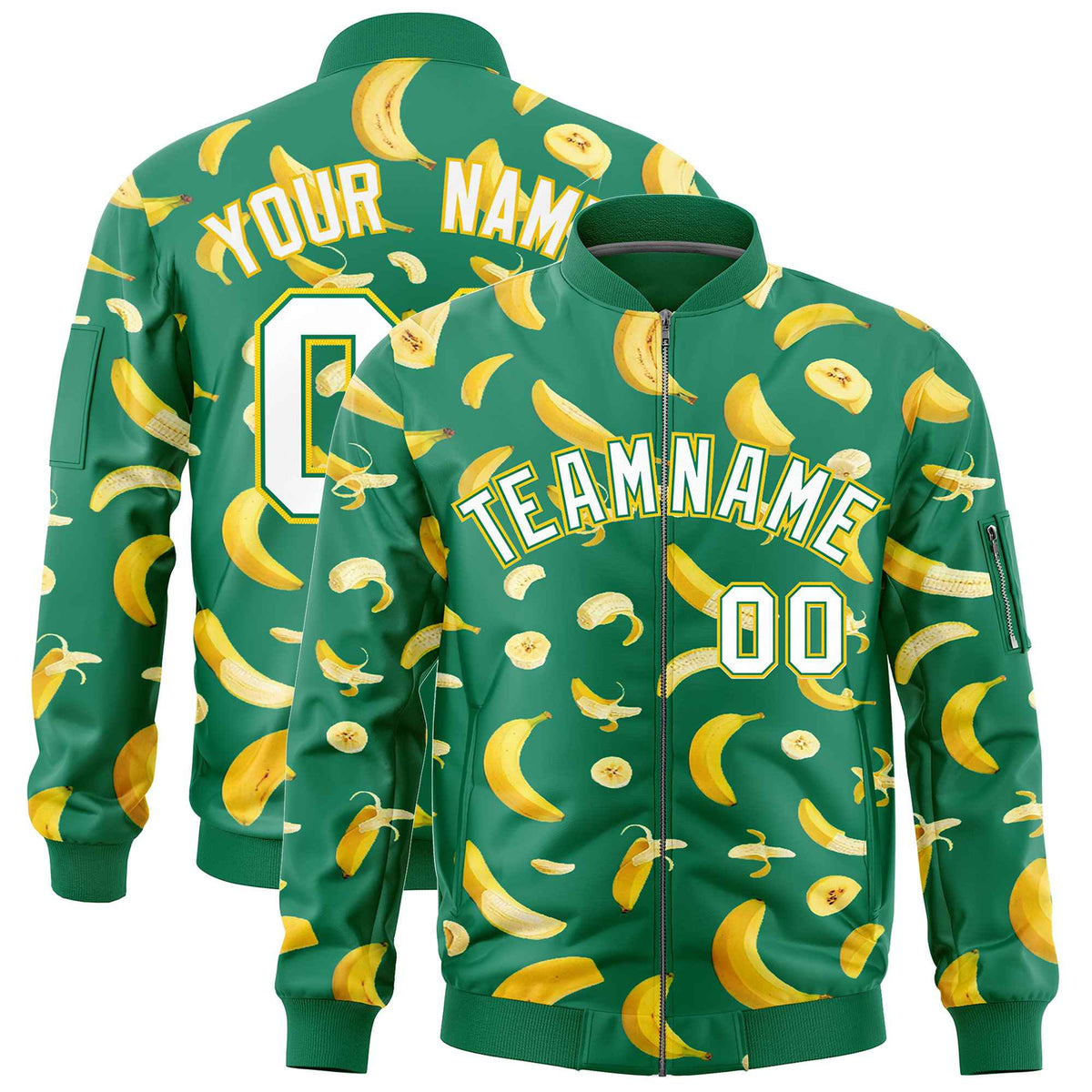 Custom Kelly Green Varsity Full-Zip Banana Pattern Letterman Bomber Jacket | Graffiti Pattern | Embroidery&amp;Dye-sublimation printing | KXKSHOP