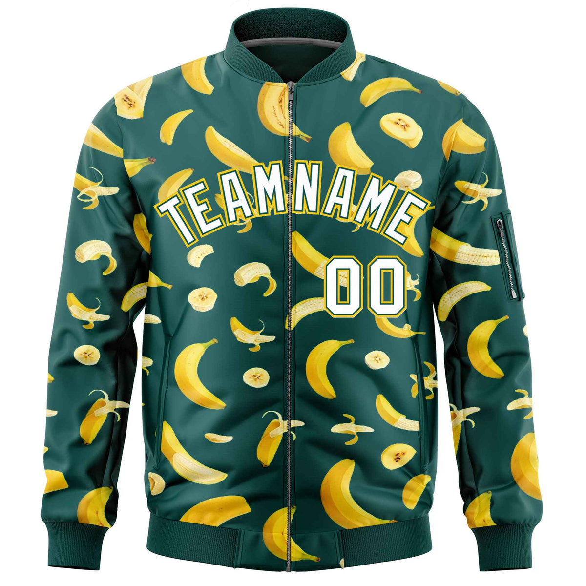 Custom Midnight Green Varsity Full-Zip Banana Pattern Letterman Bomber Jacket | Graffiti Pattern | Embroidery&amp;Dye-sublimation printing | KXKSHOP