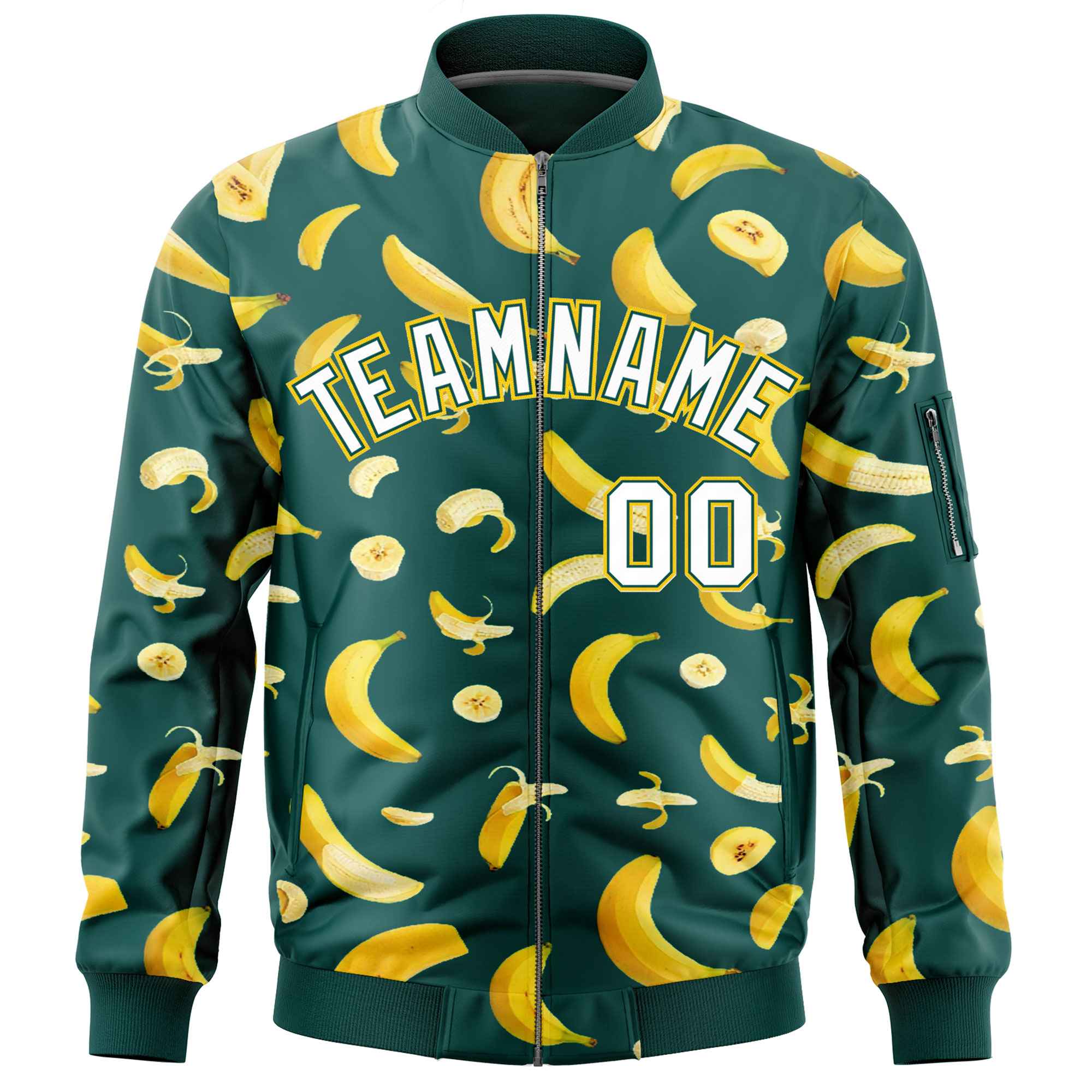 Custom Midnight Green Varsity Full-Zip Banana Pattern Letterman Bomber Jacket | Graffiti Pattern | Embroidery&Dye-sublimation printing | KXKSHOP