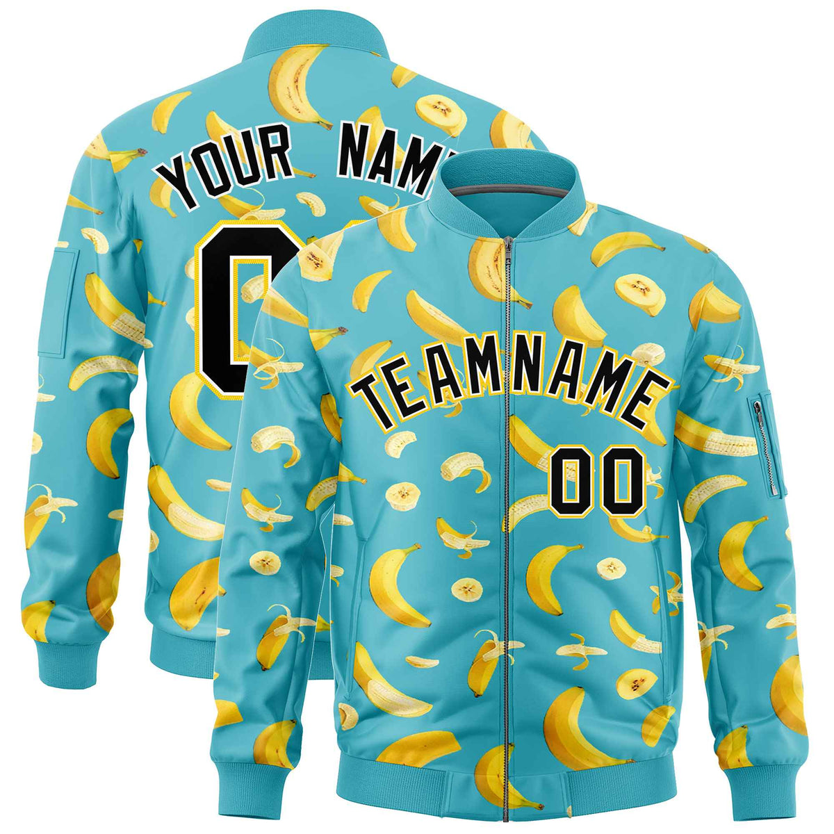 Custom Sky Blue Varsity Full-Zip Banana Pattern Letterman Bomber Jacket | Graffiti Pattern | Embroidery&amp;Dye-sublimation printing | KXKSHOP