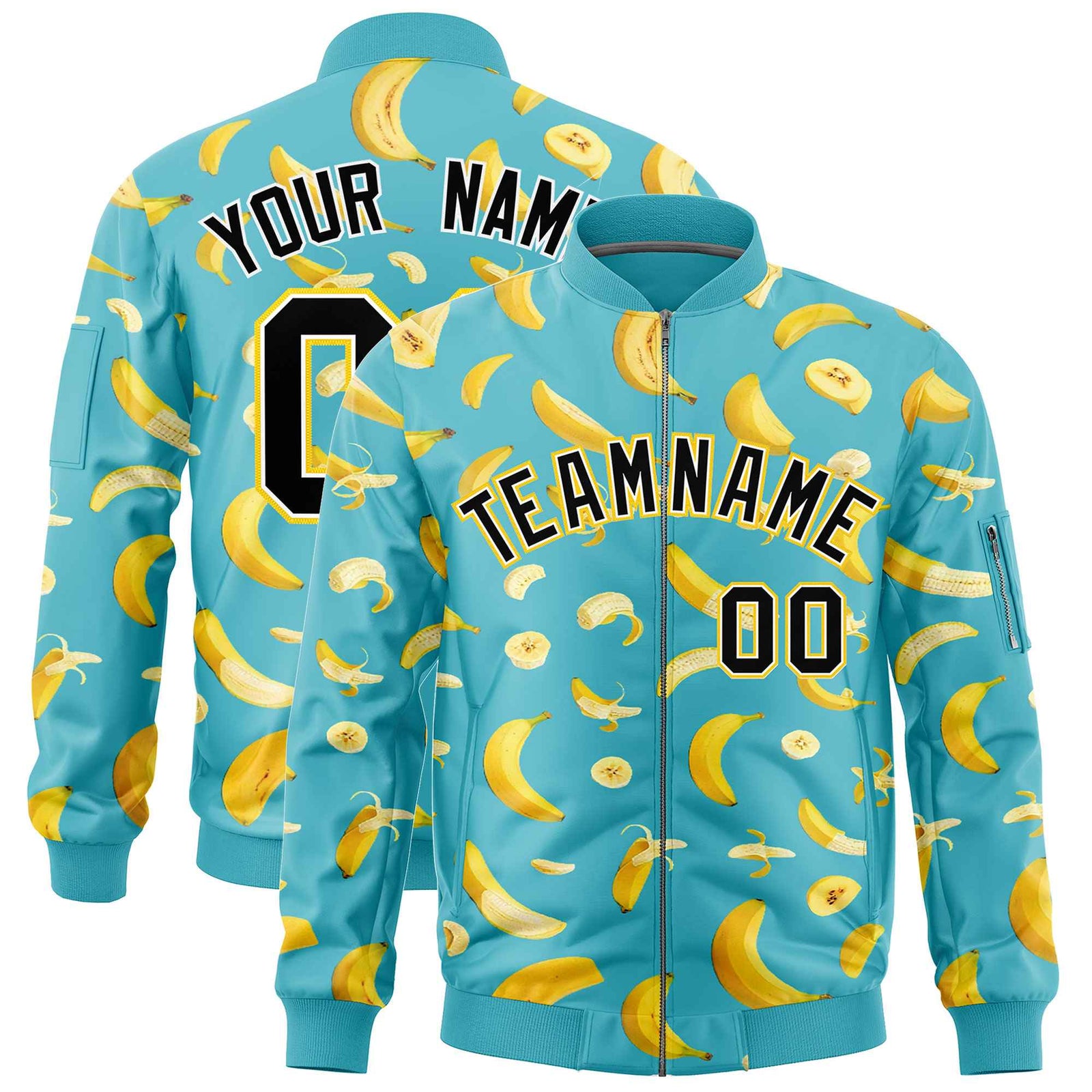 Custom Sky Blue Varsity Full-Zip Banana Pattern Letterman Bomber Jacket | Graffiti Pattern | Embroidery&Dye-sublimation printing | KXKSHOP