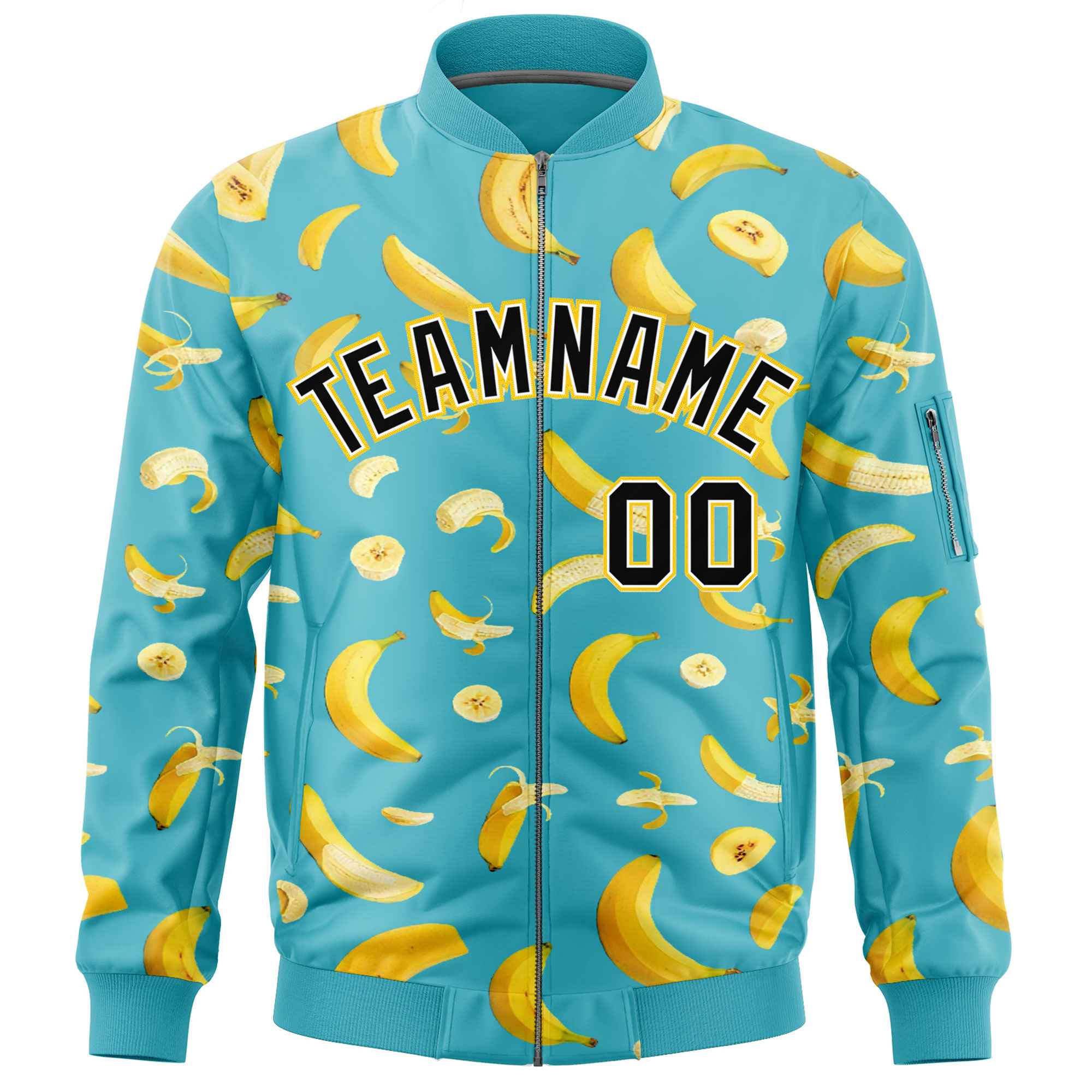 Custom Sky Blue Varsity Full-Zip Banana Pattern Letterman Bomber Jacket | Graffiti Pattern | Embroidery&Dye-sublimation printing | KXKSHOP