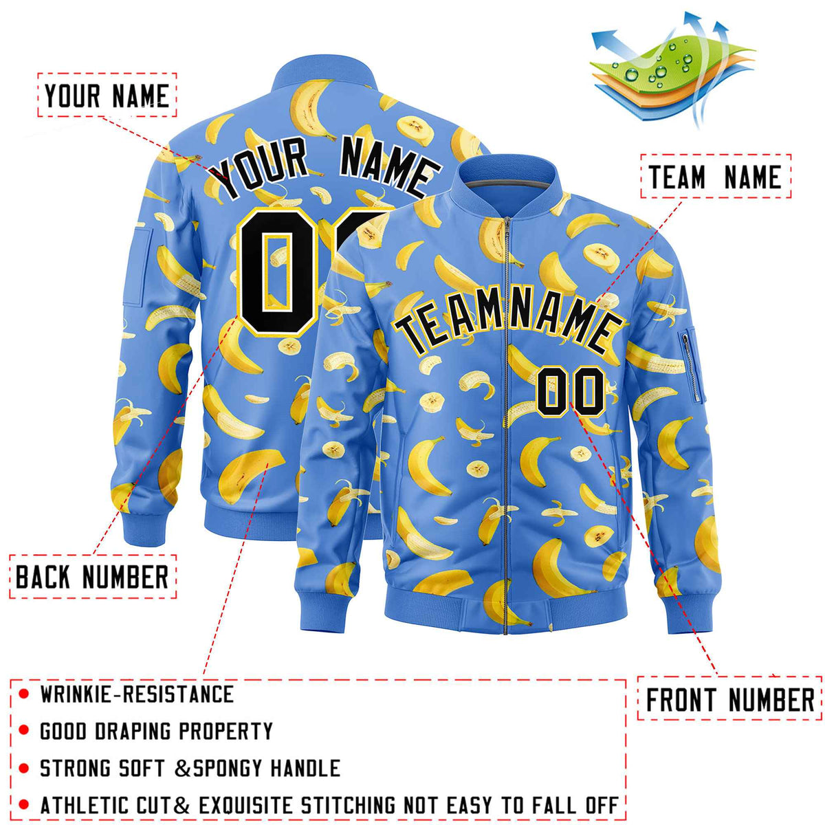 Custom Powder Blue Varsity Full-Zip Banana Pattern Letterman Bomber Jacket | Graffiti Pattern | Embroidery&amp;Dye-sublimation printing | KXKSHOP