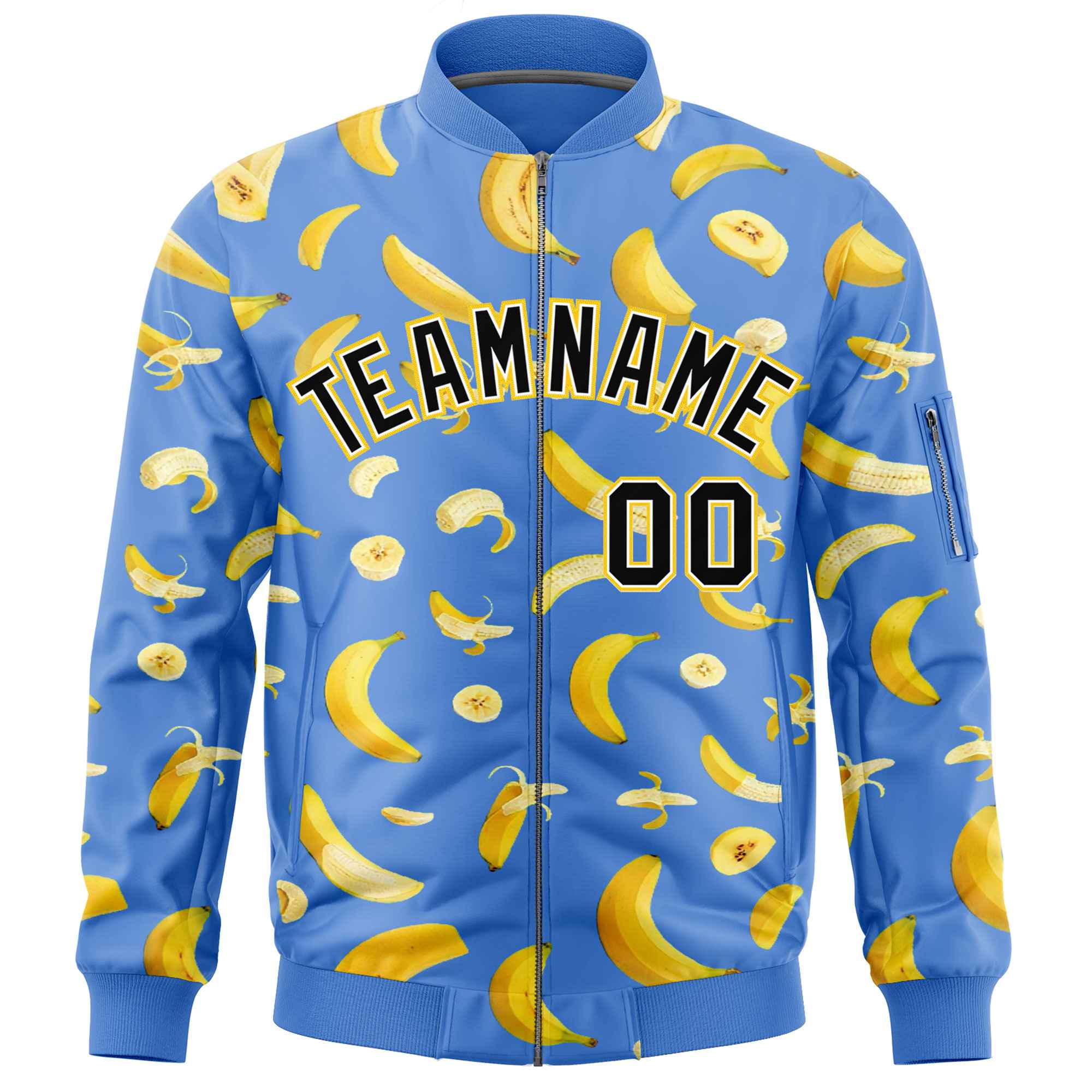 Custom Powder Blue Varsity Full-Zip Banana Pattern Letterman Bomber Jacket | Graffiti Pattern | Embroidery&Dye-sublimation printing | KXKSHOP