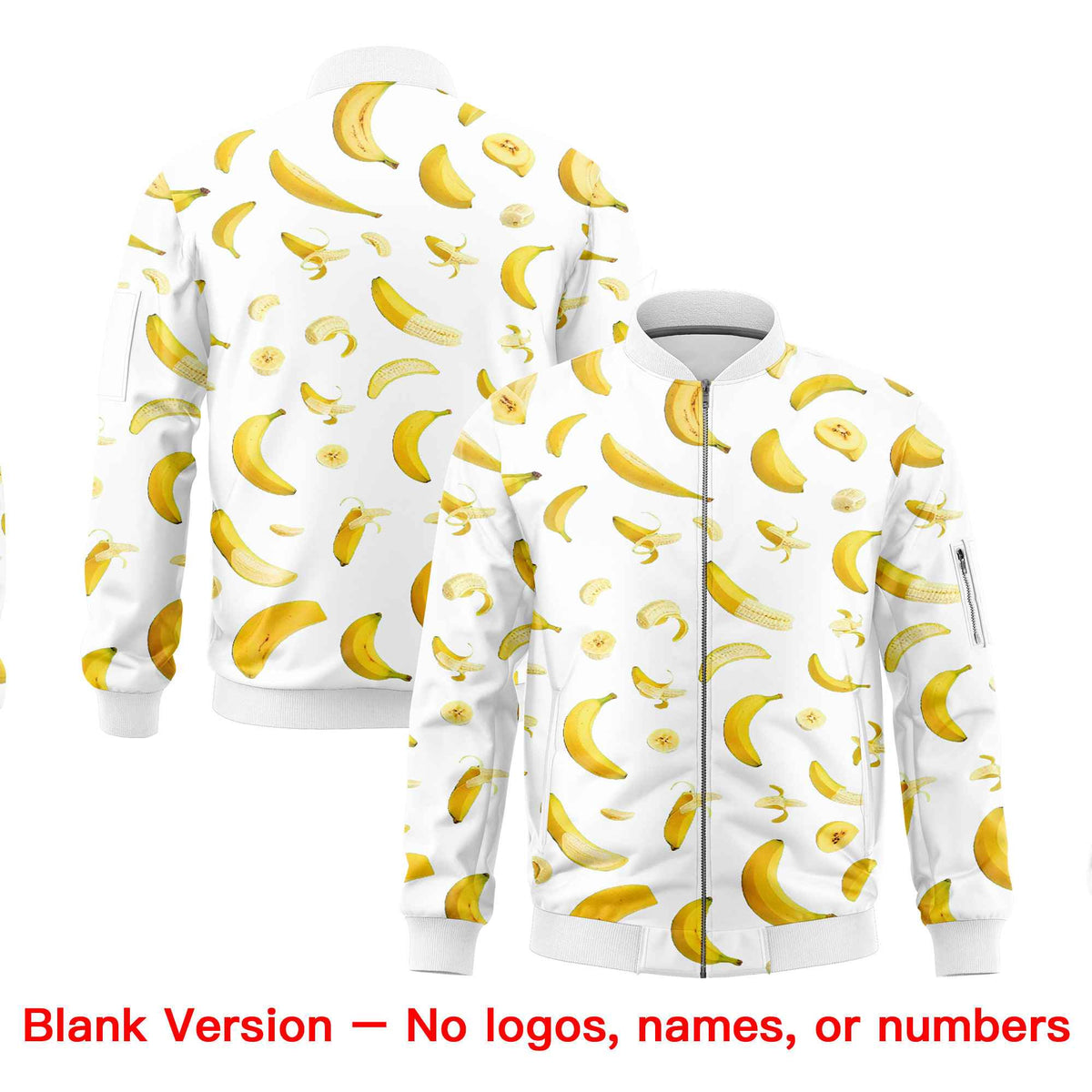Custom White Varsity Full-Zip Banana Pattern Letterman Bomber Jacket | Graffiti Pattern | Embroidery&amp;Dye-sublimation printing | KXKSHOP
