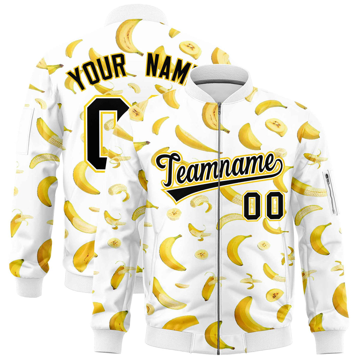 Custom White Varsity Full-Zip Banana Pattern Letterman Bomber Jacket | Graffiti Pattern | Embroidery&amp;Dye-sublimation printing | KXKSHOP