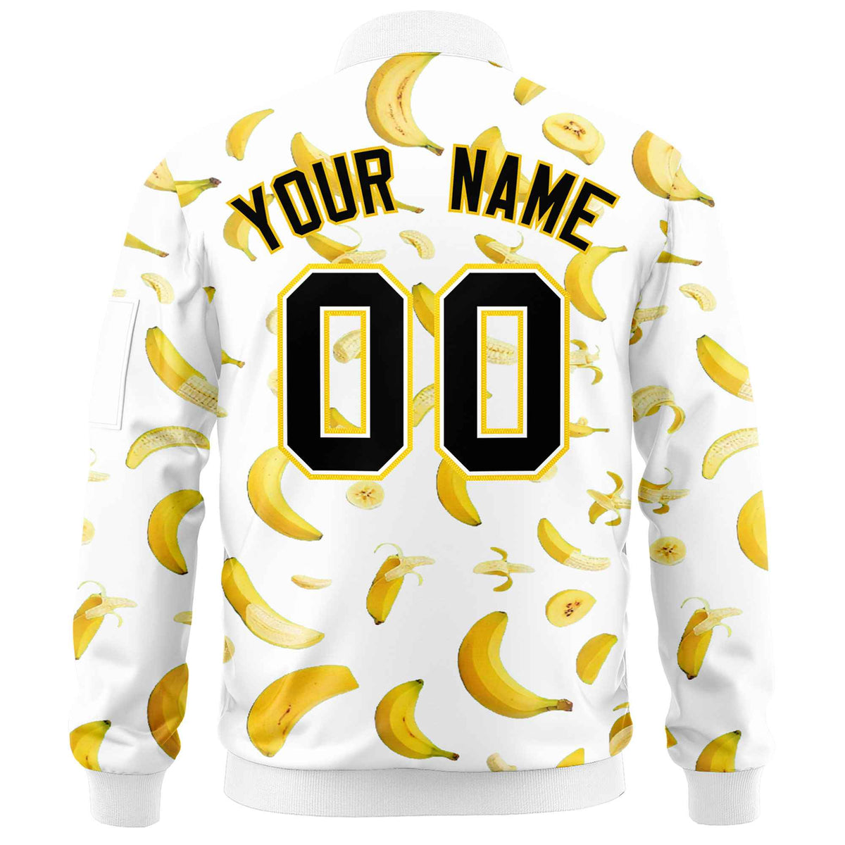 Custom White Varsity Full-Zip Banana Pattern Letterman Bomber Jacket | Graffiti Pattern | Embroidery&amp;Dye-sublimation printing | KXKSHOP
