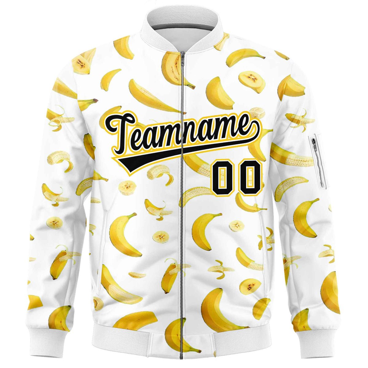 Custom White Varsity Full-Zip Banana Pattern Letterman Bomber Jacket | Graffiti Pattern | Embroidery&amp;Dye-sublimation printing | KXKSHOP
