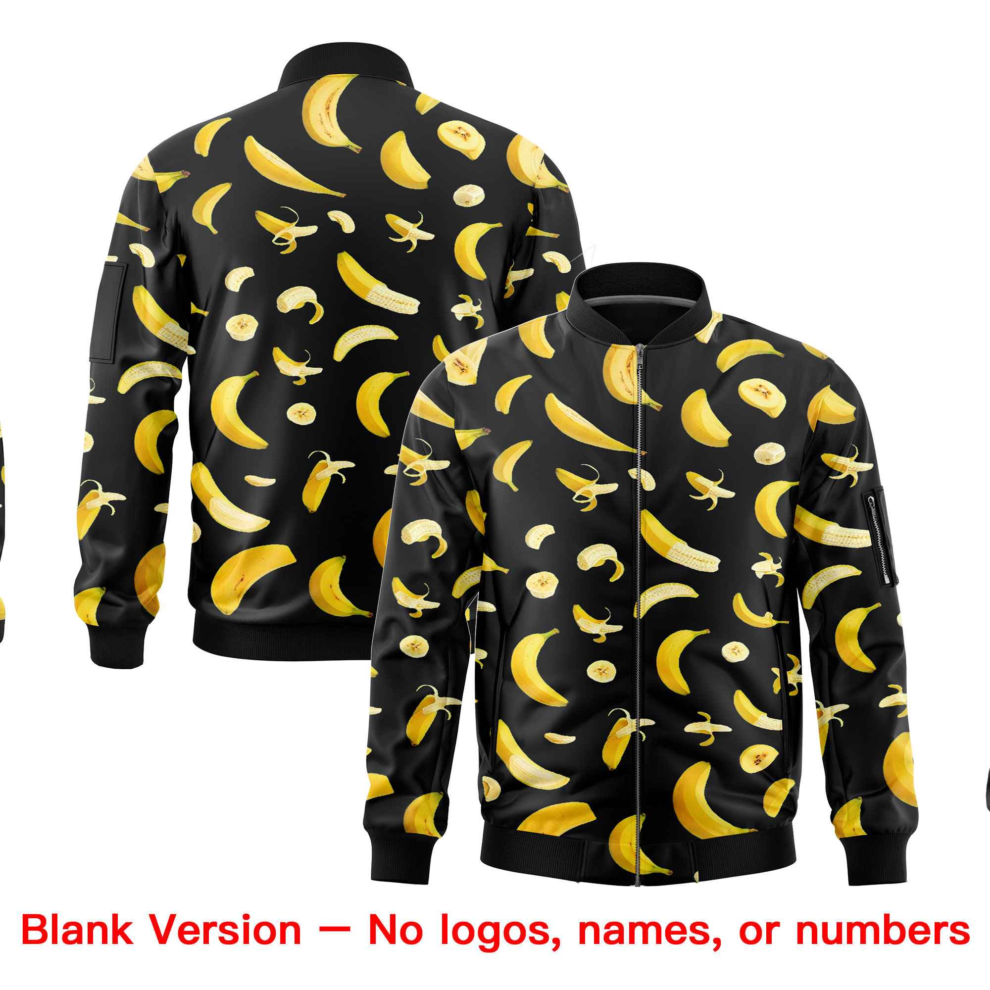 Custom Black Varsity Full-Zip Banana Pattern Letterman Bomber Jacket | Graffiti Pattern | Embroidery&Dye-sublimation printing | KXKSHOP