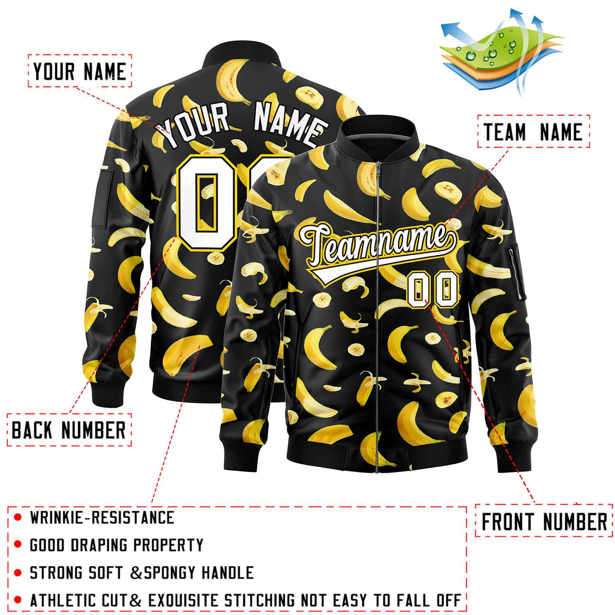 Custom Black Varsity Full-Zip Banana Pattern Letterman Bomber Jacket | Graffiti Pattern | Embroidery&amp;Dye-sublimation printing | KXKSHOP