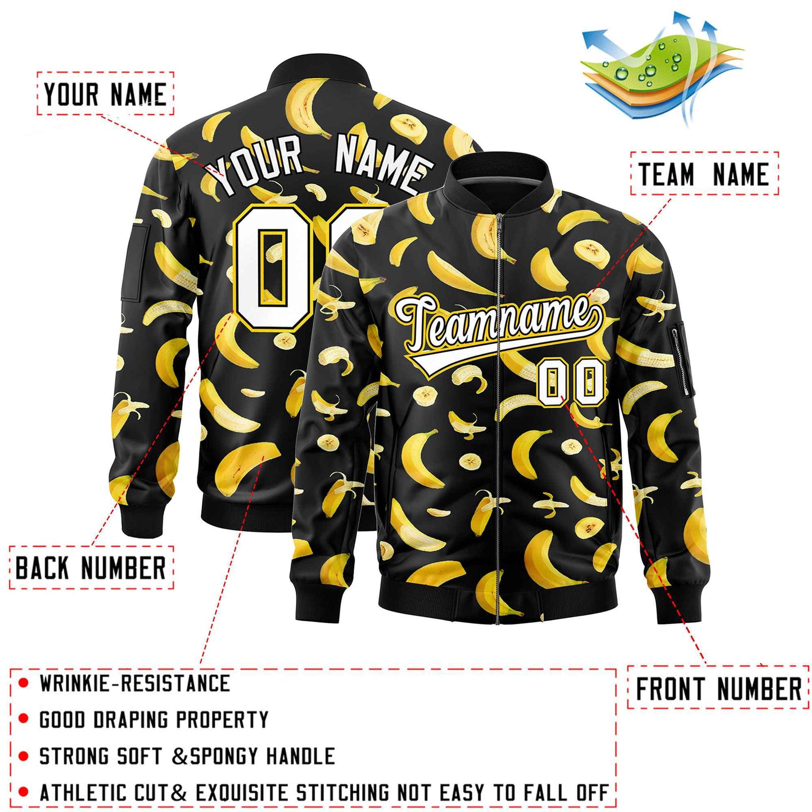 Custom Black Varsity Full-Zip Banana Pattern Letterman Bomber Jacket | Graffiti Pattern | Embroidery&Dye-sublimation printing | KXKSHOP