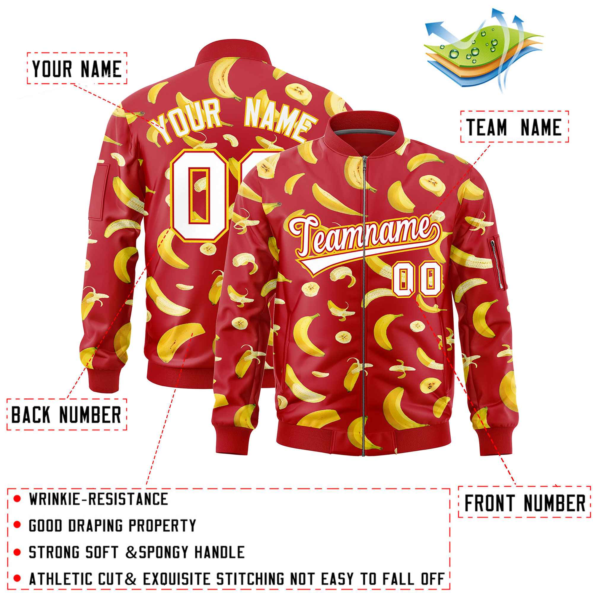 Custom Red Varsity Full-Zip Banana Pattern Letterman Bomber Jacket | Graffiti Pattern | Embroidery&Dye-sublimation printing | KXKSHOP