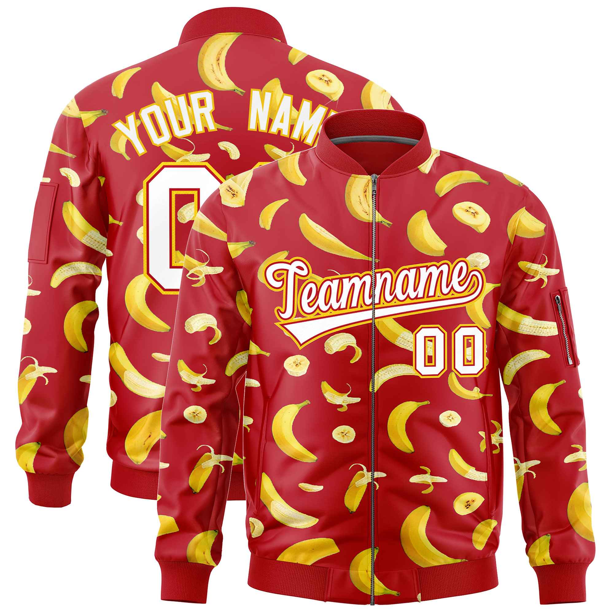 Custom Red Varsity Full-Zip Banana Pattern Letterman Bomber Jacket | Graffiti Pattern | Embroidery&Dye-sublimation printing | KXKSHOP