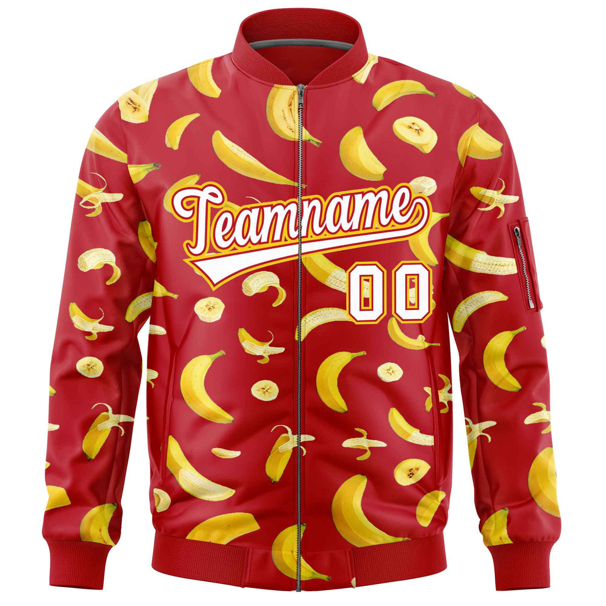 Custom Red Varsity Full-Zip Banana Pattern Letterman Bomber Jacket | Graffiti Pattern | Embroidery&amp;Dye-sublimation printing | KXKSHOP