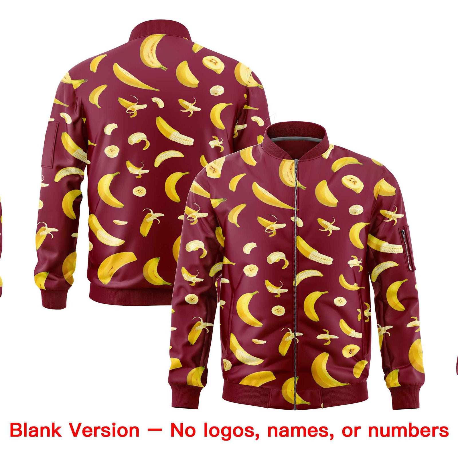 Custom Crimson Varsity Full-Zip Banana Pattern Letterman Bomber Jacket | Graffiti Pattern | Embroidery&Dye-sublimation printing | KXKSHOP