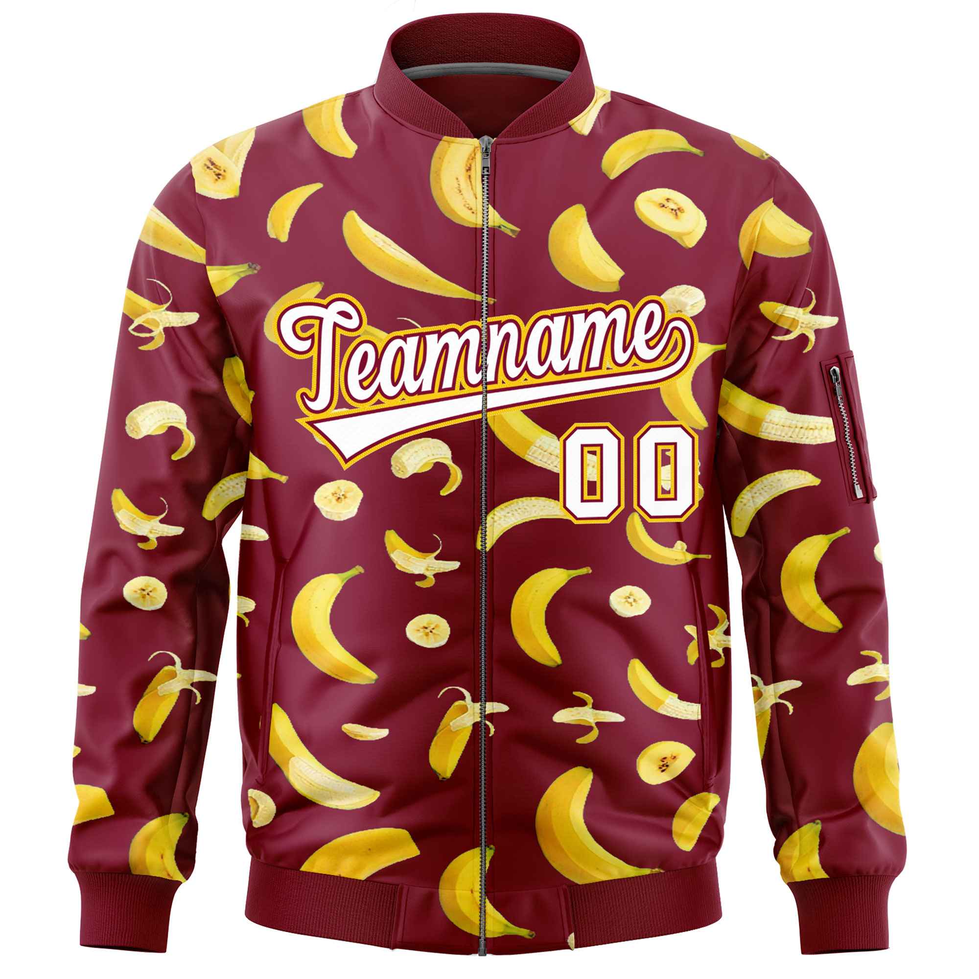 Custom Crimson Varsity Full-Zip Banana Pattern Letterman Bomber Jacket | Graffiti Pattern | Embroidery&Dye-sublimation printing | KXKSHOP