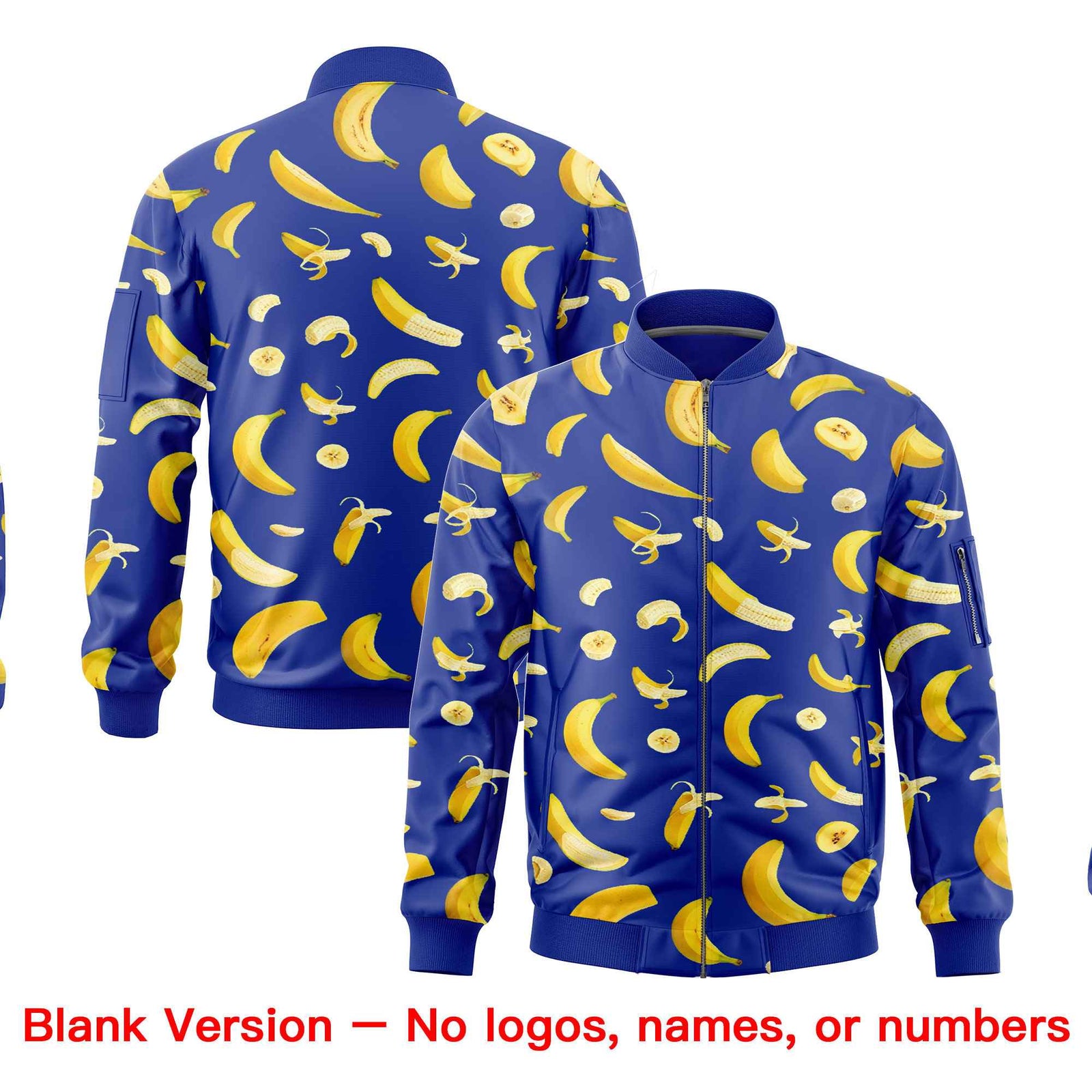 Custom Royal Blue Varsity Full-Zip Banana Pattern Letterman Bomber Jacket | Graffiti Pattern | Embroidery&Dye-sublimation printing | KXKSHOP