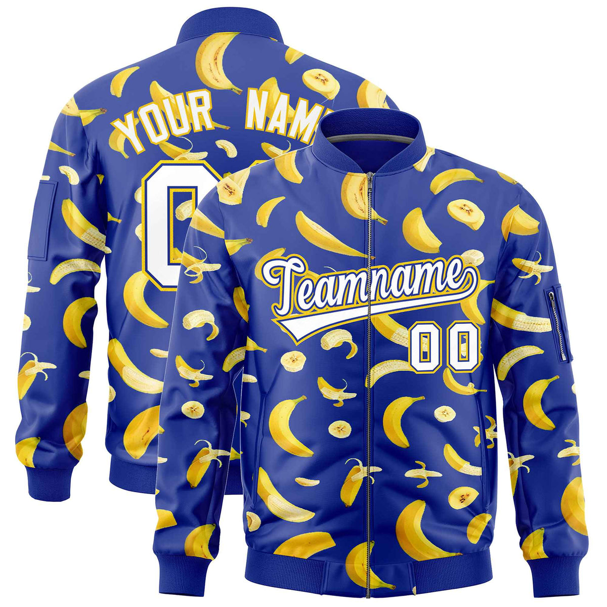 Custom Royal Blue Varsity Full-Zip Banana Pattern Letterman Bomber Jacket | Graffiti Pattern | Embroidery&amp;Dye-sublimation printing | KXKSHOP