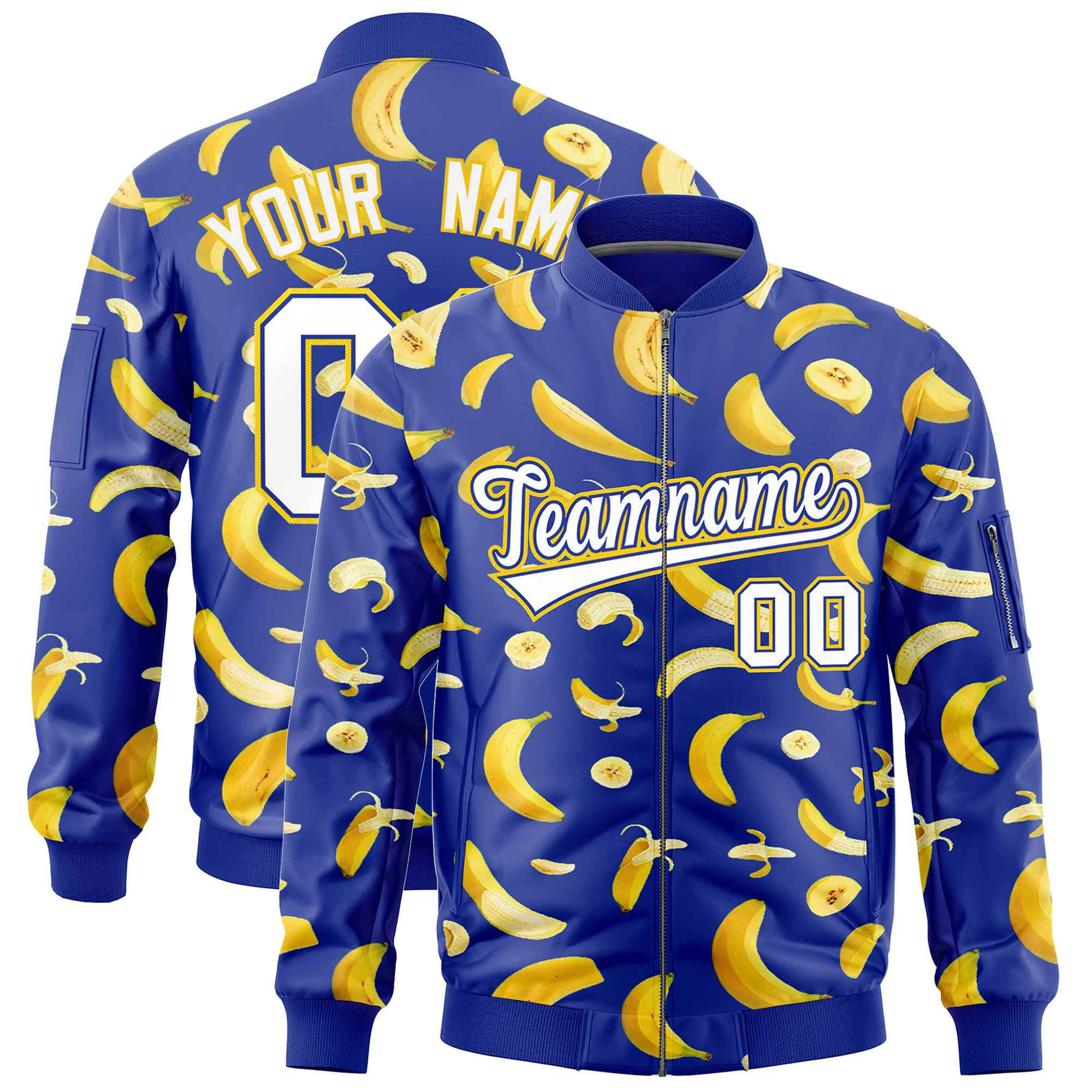 Custom Royal Blue Varsity Full-Zip Banana Pattern Letterman Bomber Jacket | Graffiti Pattern | Embroidery&Dye-sublimation printing | KXKSHOP