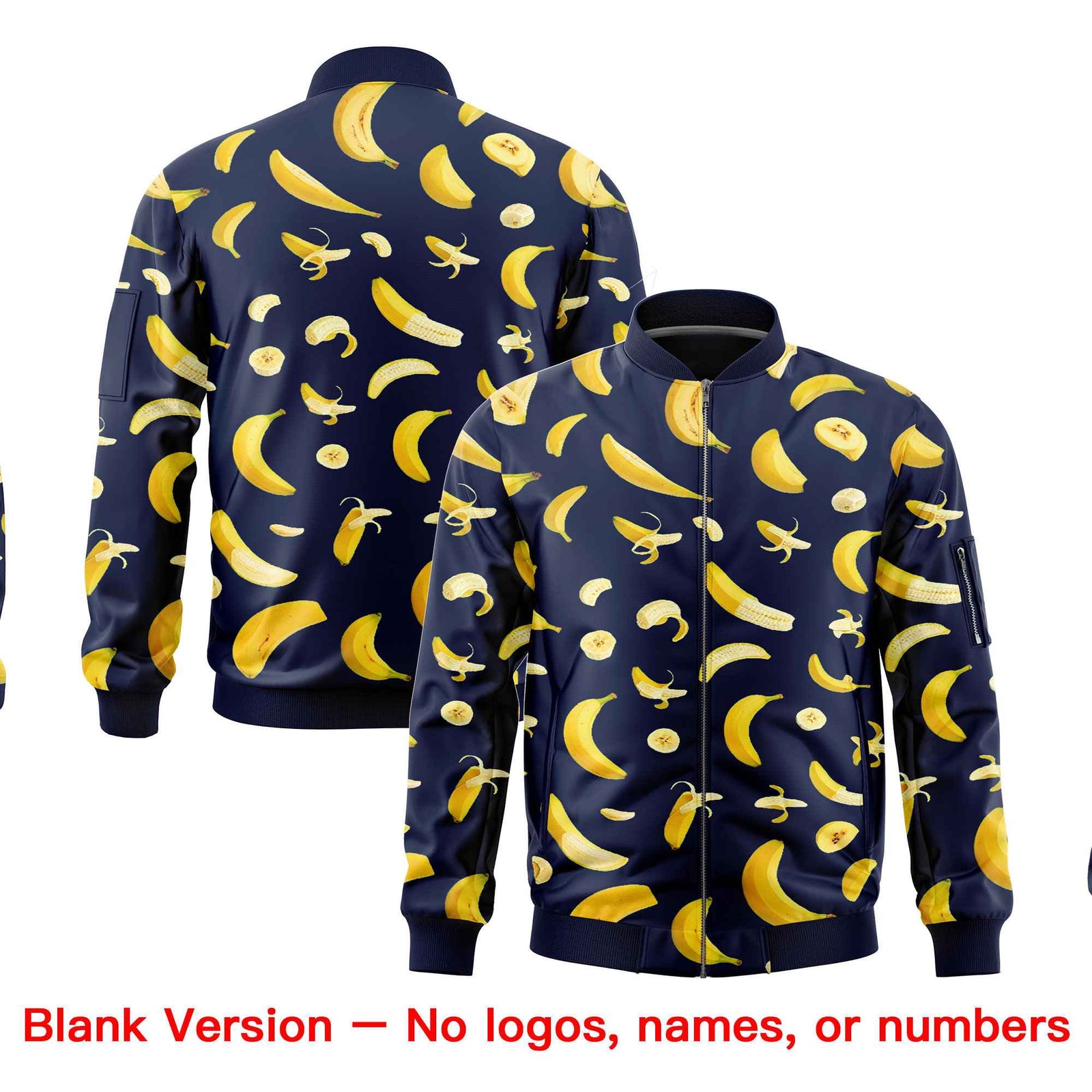 Custom Navy Varsity Full-Zip Banana Pattern Letterman Bomber Jacket | Graffiti Pattern | Embroidery&Dye-sublimation printing | KXKSHOP