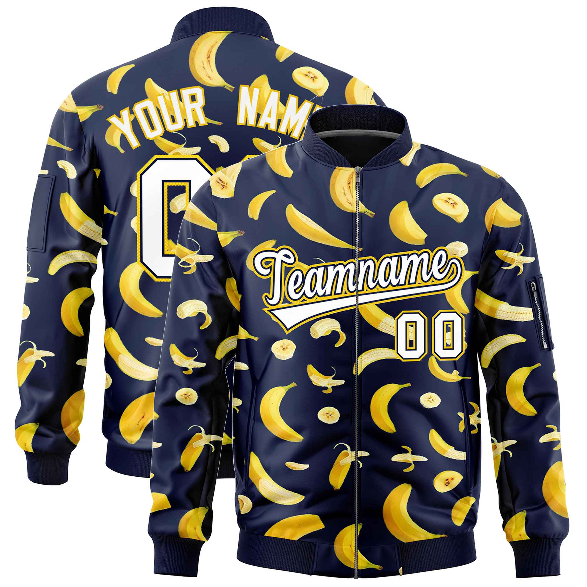 Custom Navy Varsity Full-Zip Banana Pattern Letterman Bomber Jacket | Graffiti Pattern | Embroidery&Dye-sublimation printing | KXKSHOP