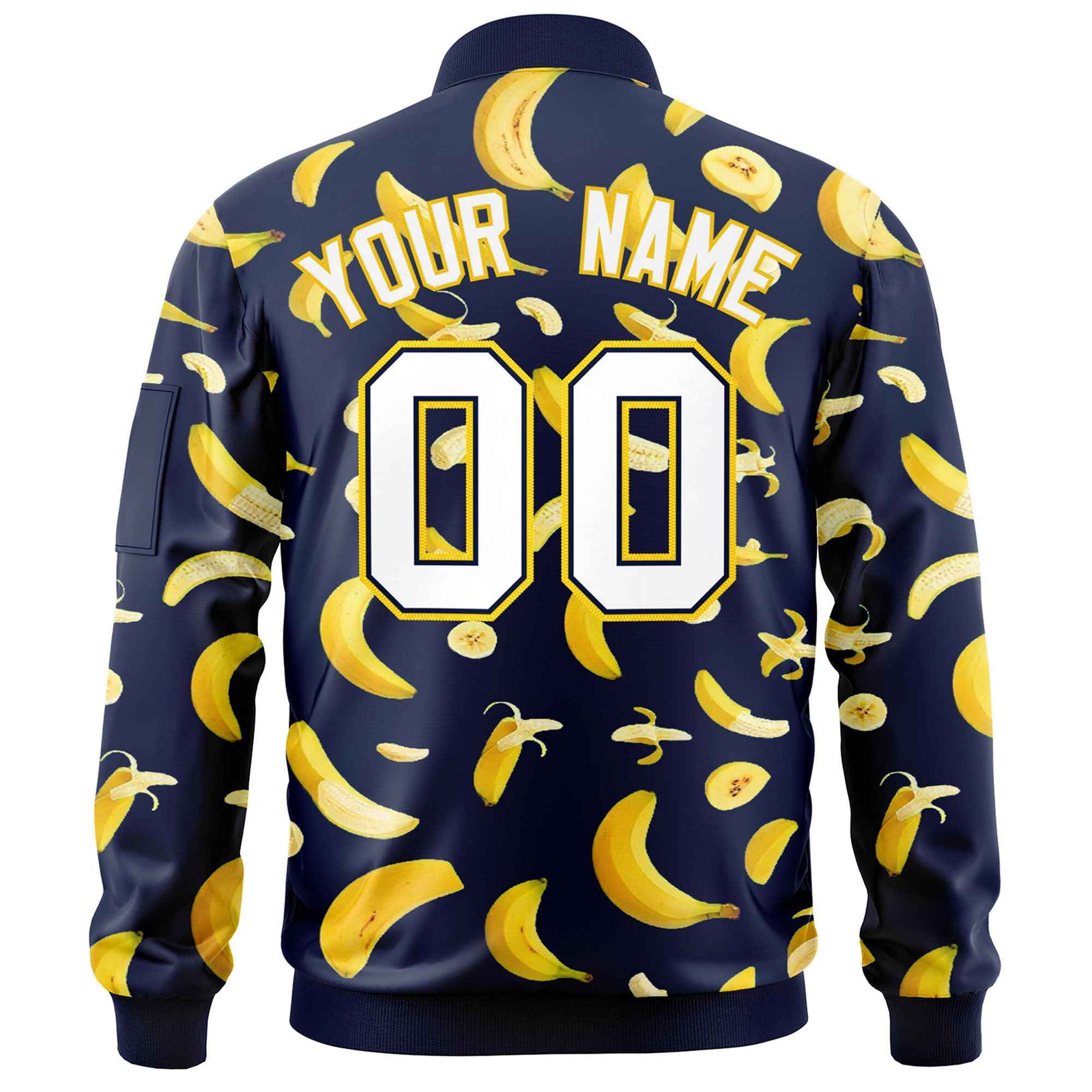 Custom Navy Varsity Full-Zip Banana Pattern Letterman Bomber Jacket | Graffiti Pattern | Embroidery&Dye-sublimation printing | KXKSHOP