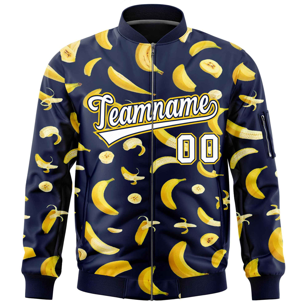 Custom Navy Varsity Full-Zip Banana Pattern Letterman Bomber Jacket | Graffiti Pattern | Embroidery&amp;Dye-sublimation printing | KXKSHOP