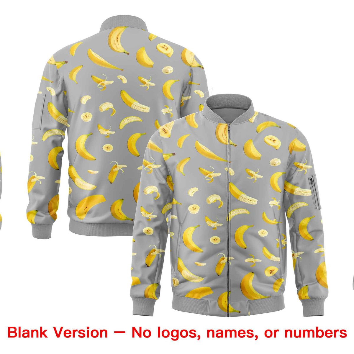 Custom Gray Varsity Full-Zip Banana Pattern Letterman Bomber Jacket | Graffiti Pattern | Embroidery&amp;Dye-sublimation printing | KXKSHOP
