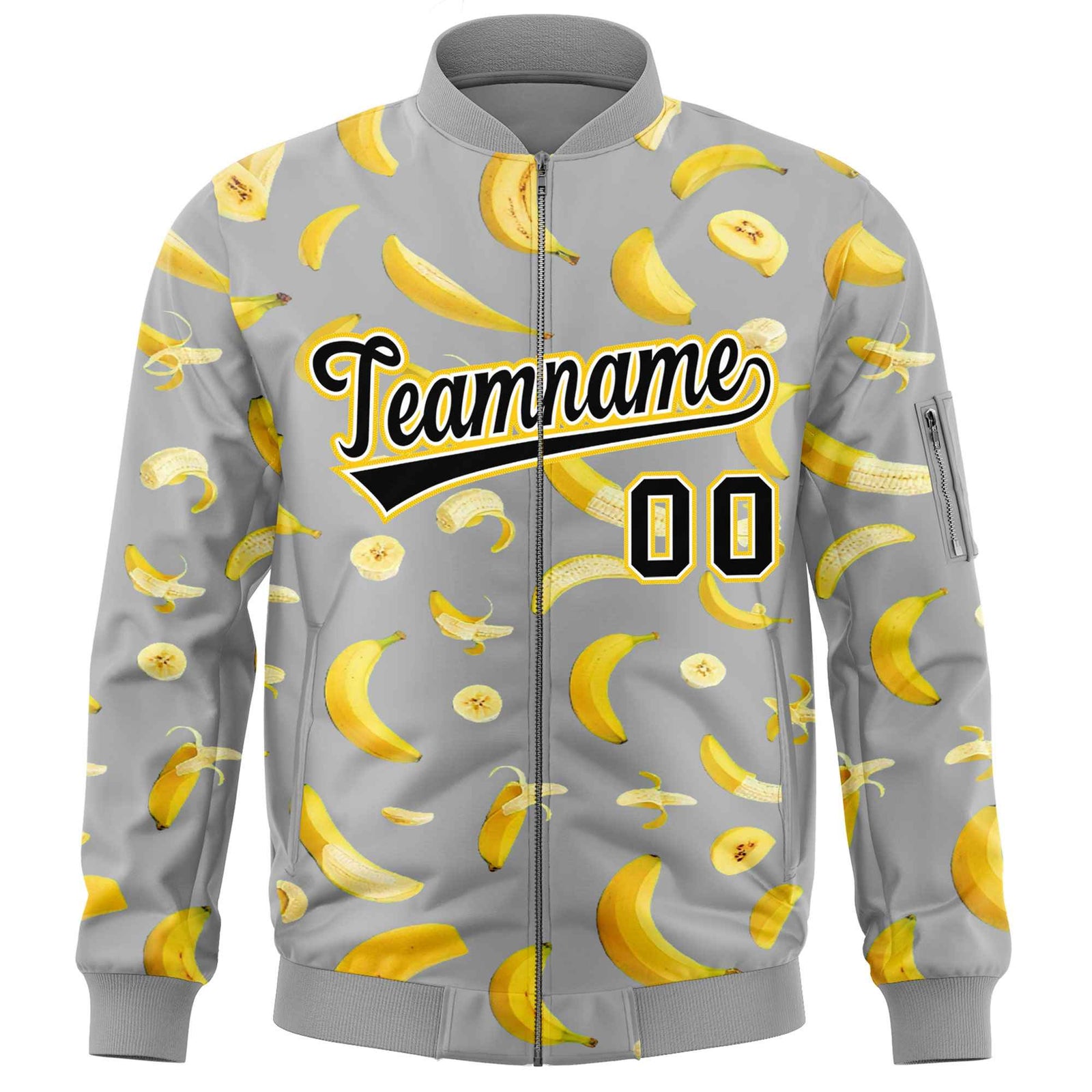 Custom Gray Varsity Full-Zip Banana Pattern Letterman Bomber Jacket | Graffiti Pattern | Embroidery&Dye-sublimation printing | KXKSHOP