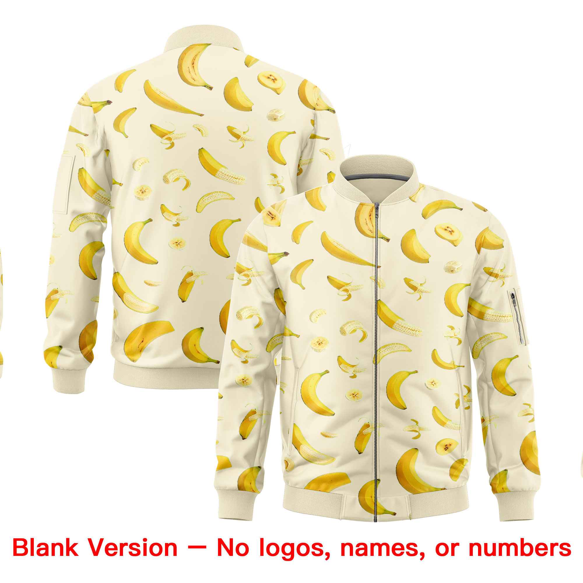 Custom Cream Varsity Full-Zip Banana Pattern Letterman Bomber Jacket | Graffiti Pattern | Embroidery&Dye-sublimation printing | KXKSHOP