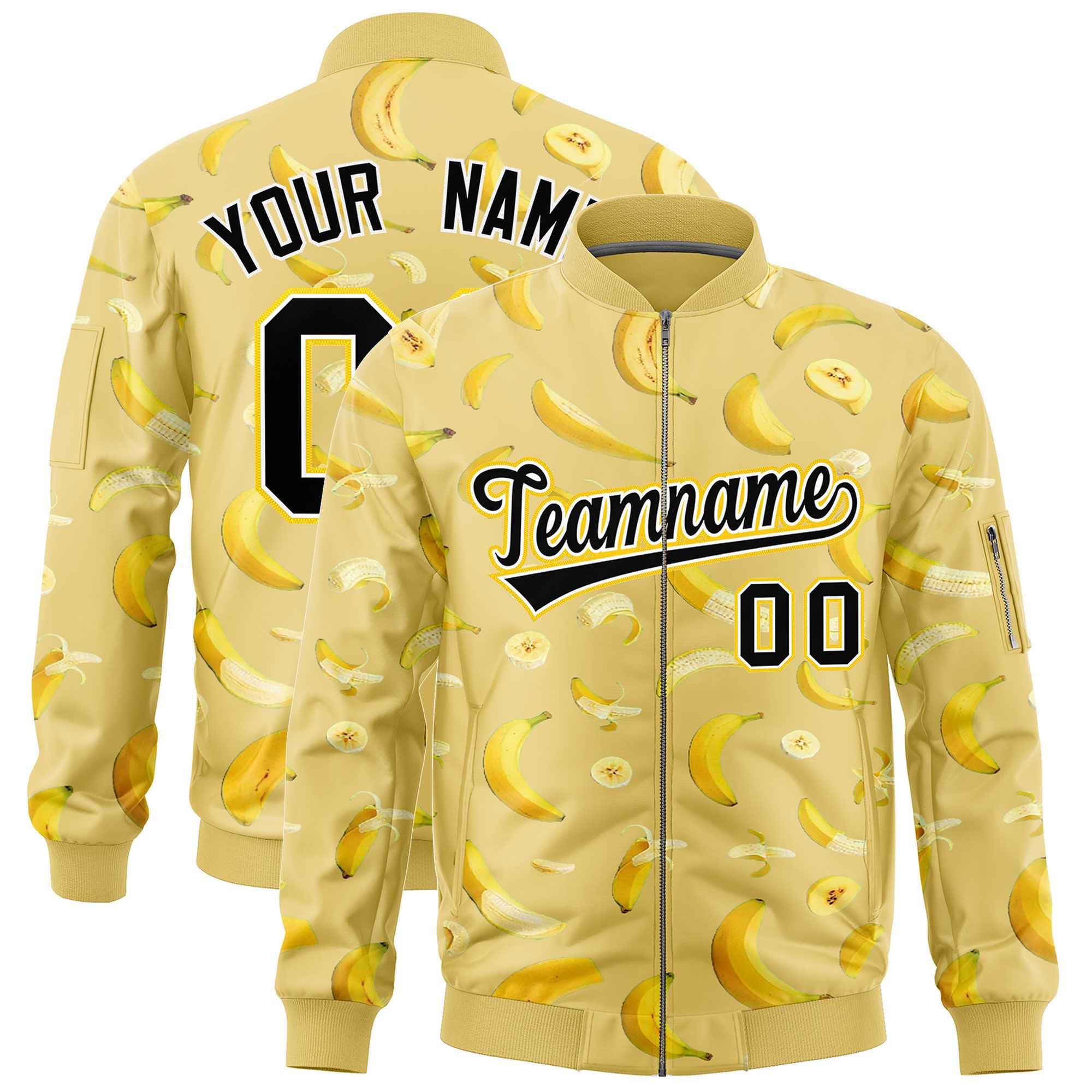 Custom Old Gold Varsity Full-Zip Banana Pattern Letterman Bomber Jacket | Graffiti Pattern | Embroidery&Dye-sublimation printing | KXKSHOP