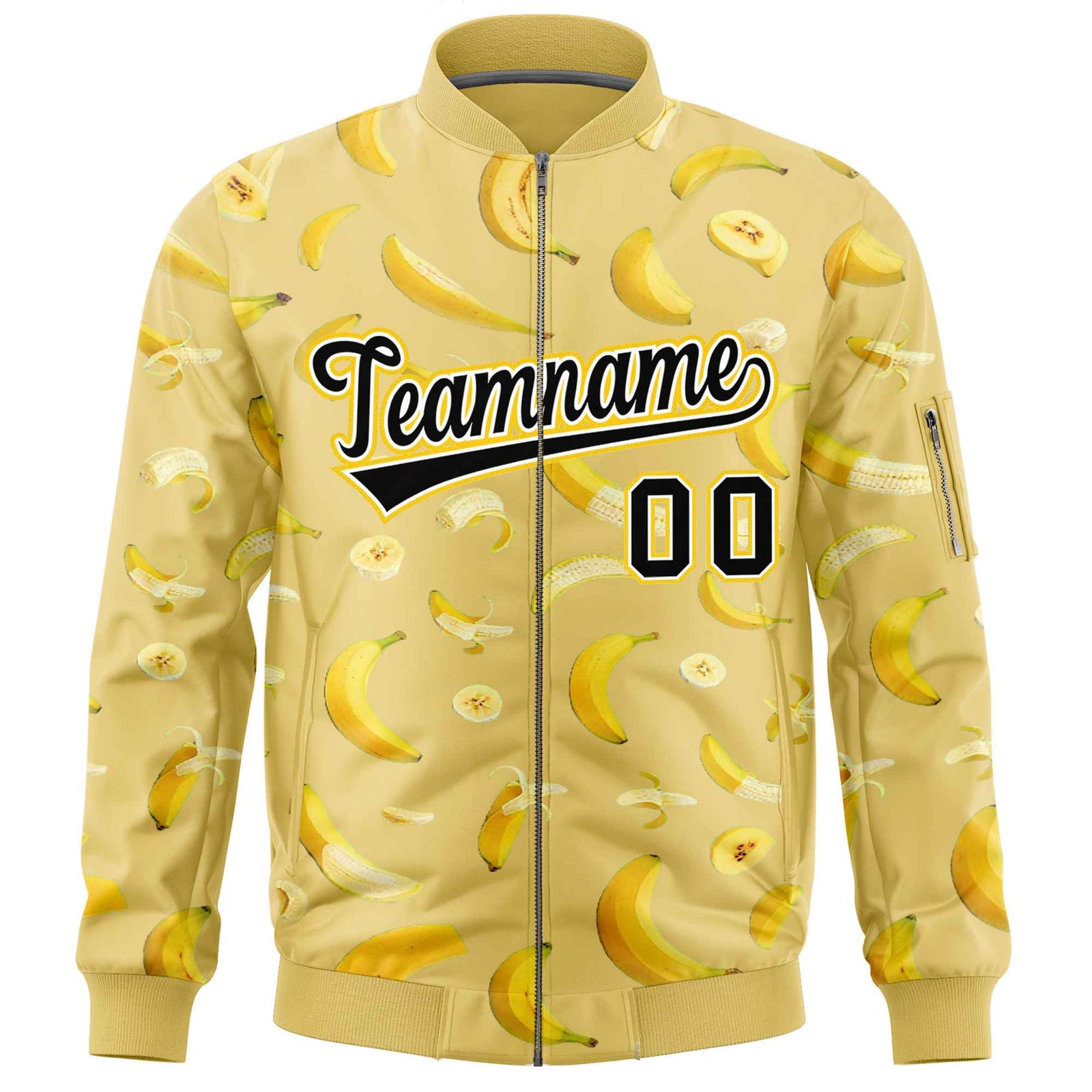 Custom Old Gold Varsity Full-Zip Banana Pattern Letterman Bomber Jacket | Graffiti Pattern | Embroidery&Dye-sublimation printing | KXKSHOP