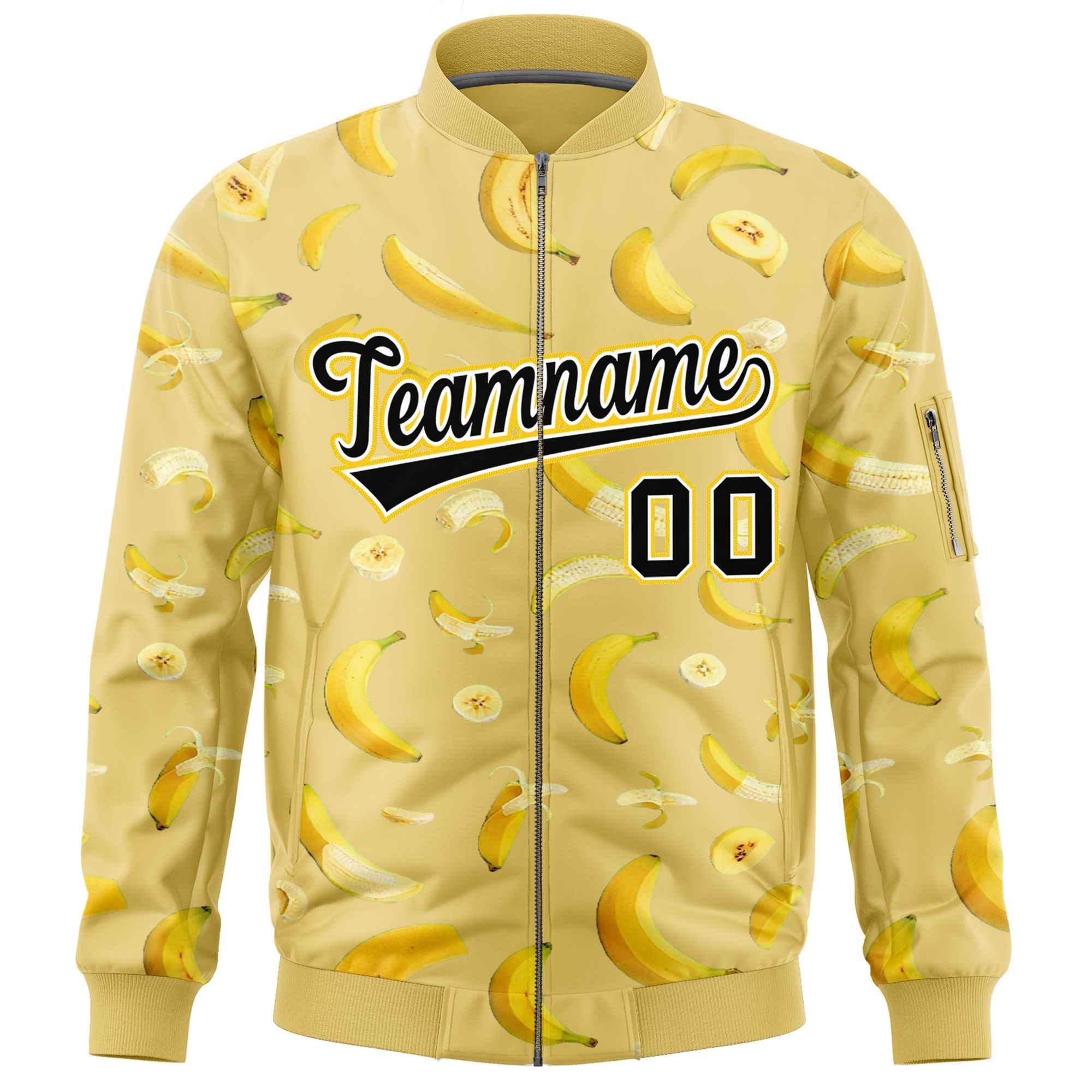 Custom Old Gold Varsity Full-Zip Banana Pattern Letterman Bomber Jacket | Graffiti Pattern | Embroidery&Dye-sublimation printing | KXKSHOP