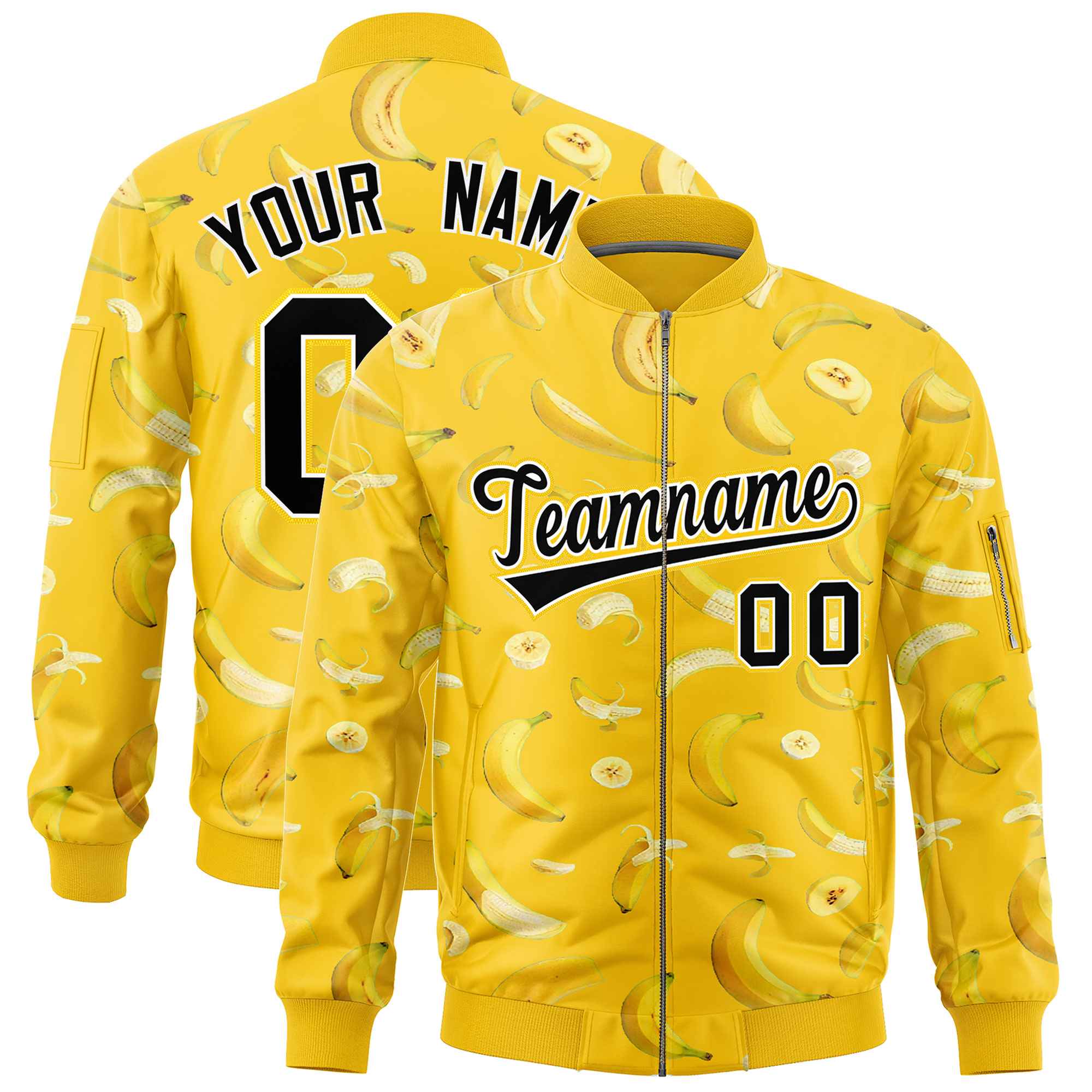 Custom Gold Varsity Full-Zip Banana Pattern Letterman Bomber Jacket | Graffiti Pattern | Embroidery&Dye-sublimation printing | KXKSHOP