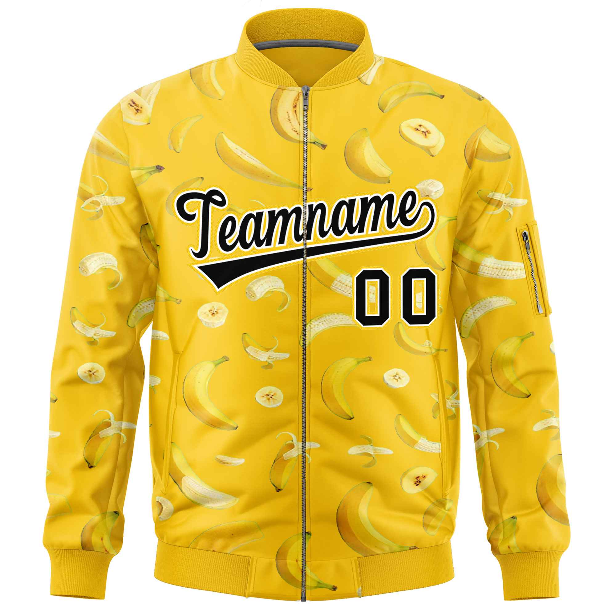 Custom Gold Varsity Full-Zip Banana Pattern Letterman Bomber Jacket | Graffiti Pattern | Embroidery&Dye-sublimation printing | KXKSHOP